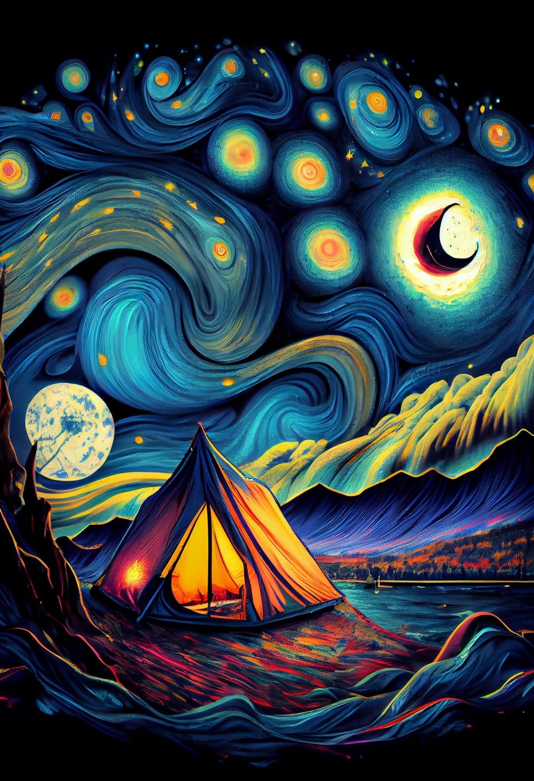 Glowing orange tent at a lake's edge beneath a night sky with swirling blue clouds and a golden crescent moon.