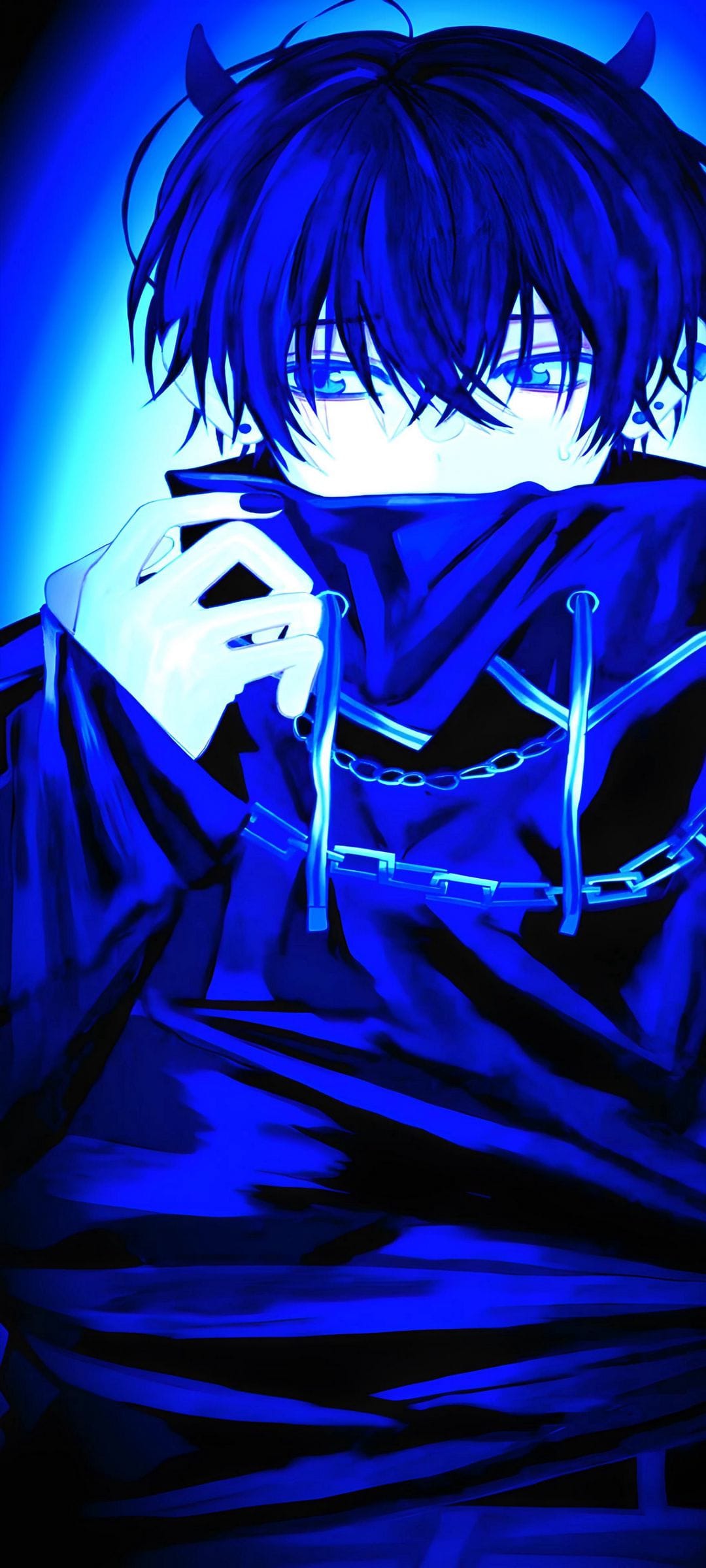Anime boy with blue eyes, small horns, and a silver chain hoodie pulling up a hood under electric blue lighting.