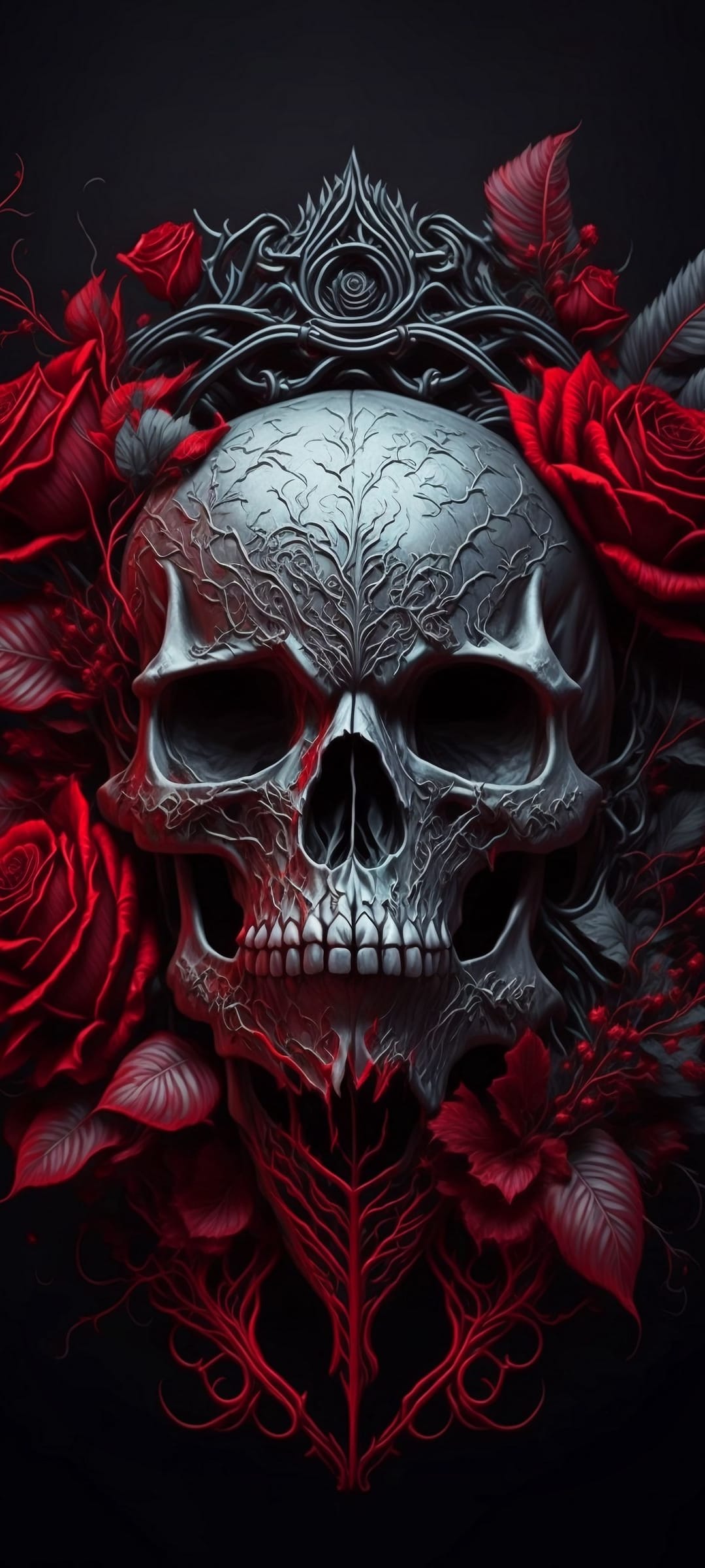 Silver skull with ornate engravings wearing a crown among red roses and dark leaves in a portrait layout.