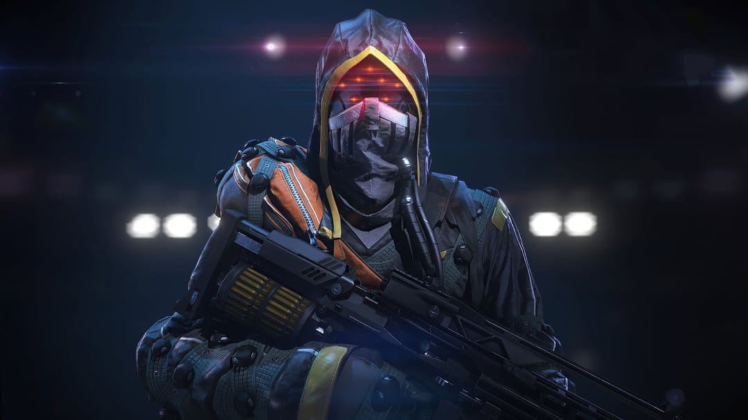 Futuristic cybernetic soldier in a dark hood with multiple glowing red eyes holding a tactical rifle.