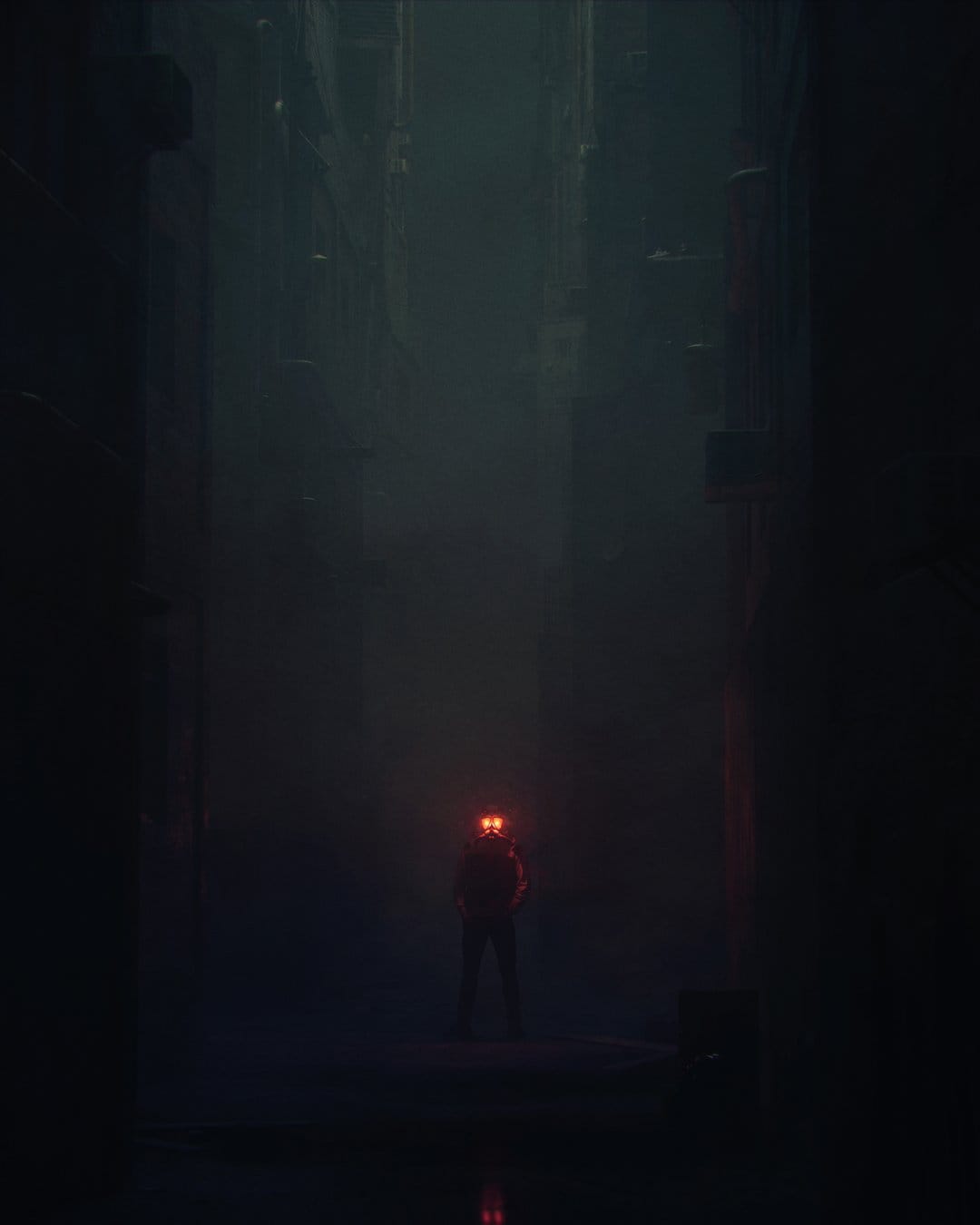 Hooded silhouette with glowing red eyes standing in a hazy, dark alleyway between tall futuristic buildings.