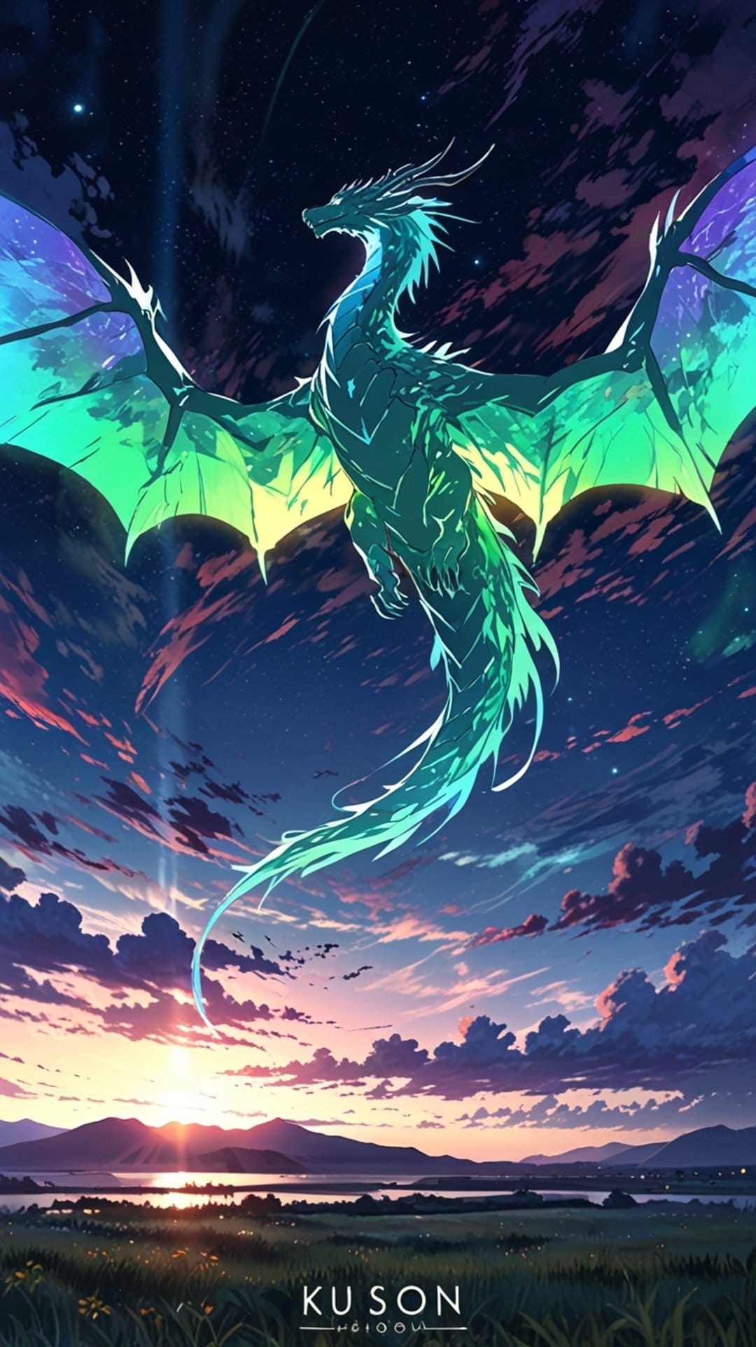Teal dragon with iridescent wings flies above purple mountains and a lake under a starry cosmic sunset sky.