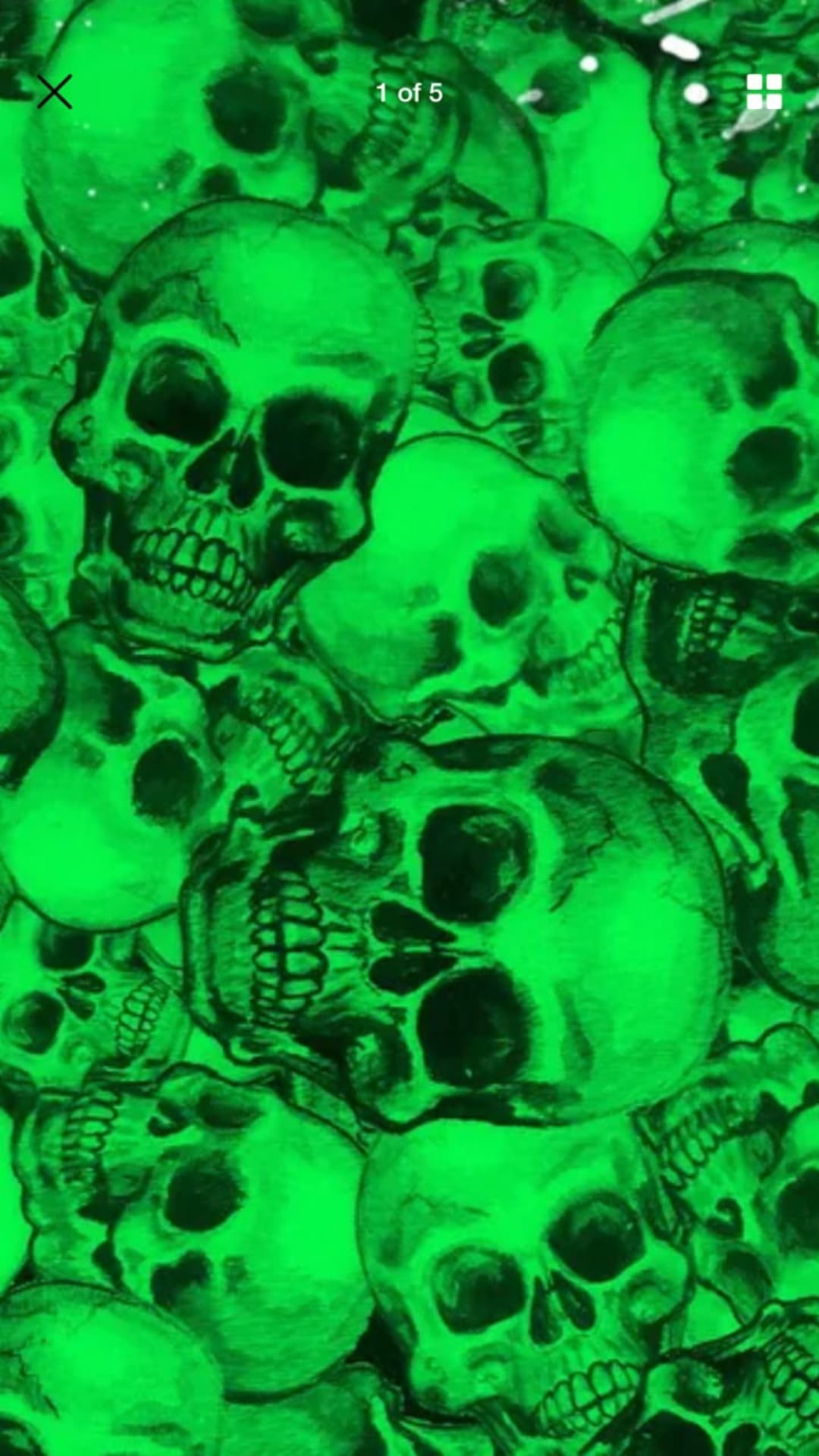 Neon green skulls with intricate bone textures and deep shadows are arranged in a dense, repeating pattern.