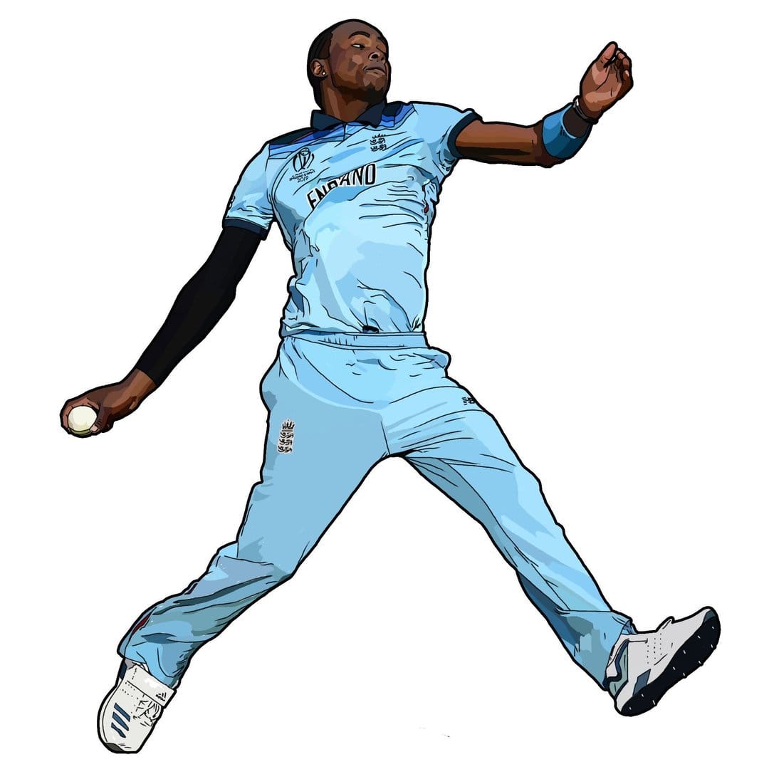 Ben Stokes leaps into a bowling delivery wearing a blue England kit, set against a plain white background.