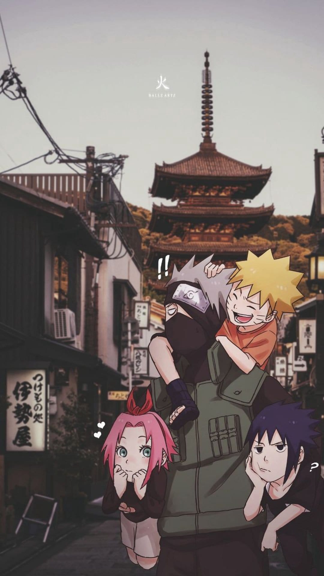 Kakashi Hatake carries Naruto on his shoulders while Sakura and Sasuke walk past a traditional Japanese pagoda.