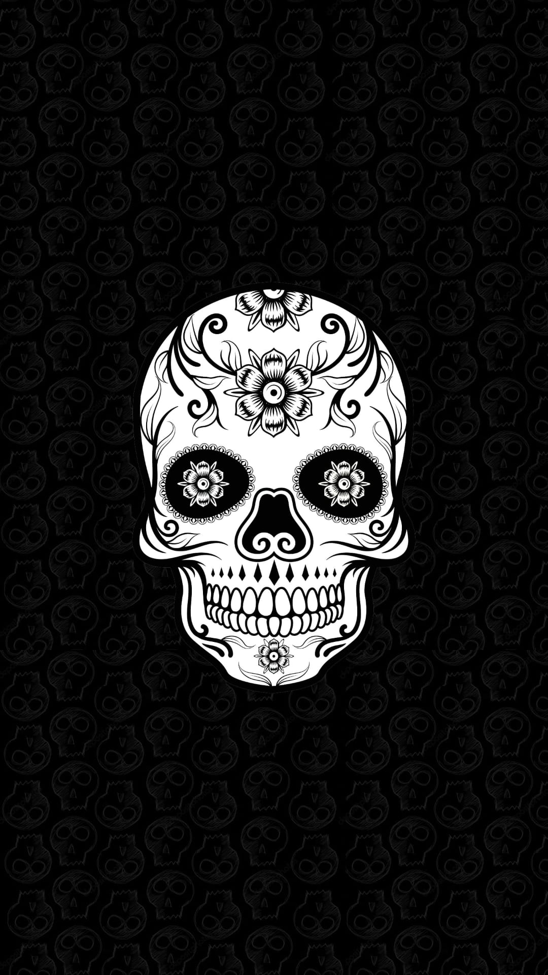 Sugar skull with floral engravings and decorative swirls centered on a repeating pattern of faded skull outlines.