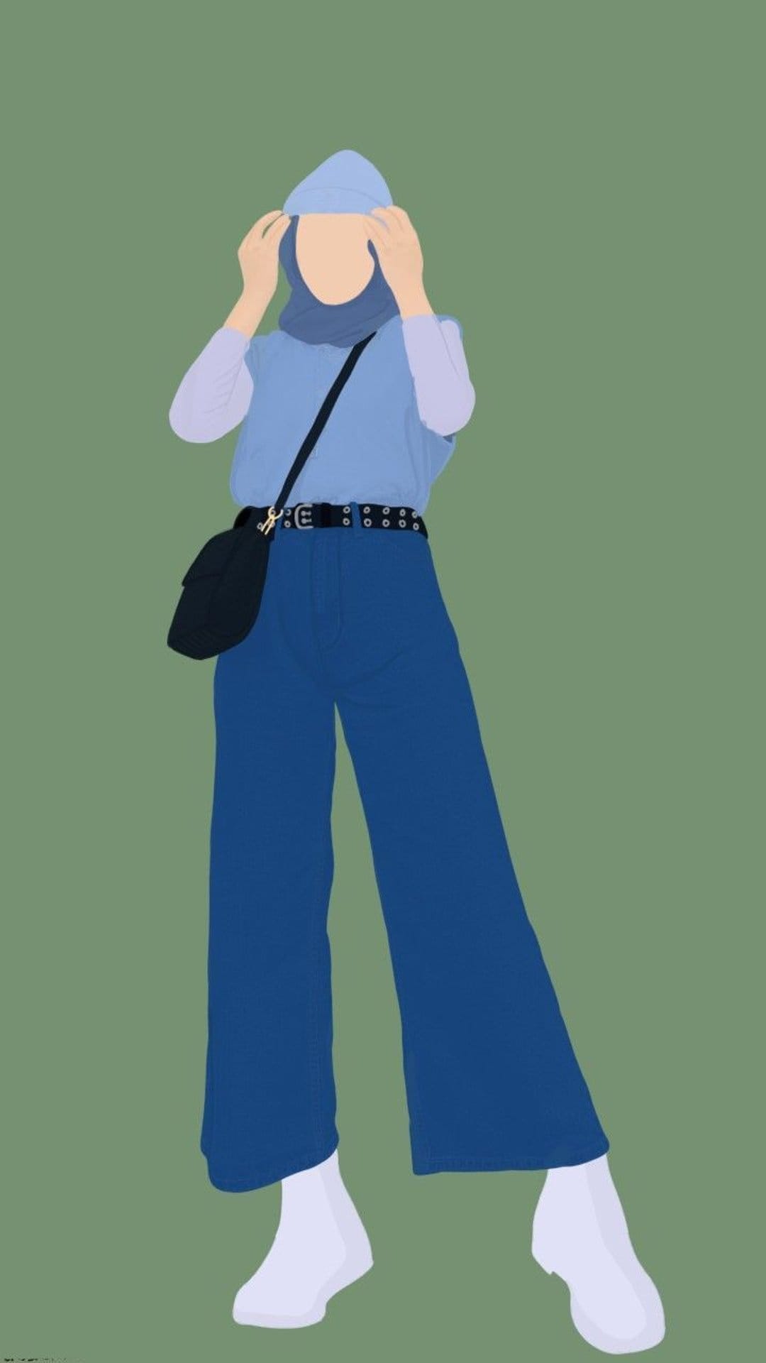 Muslim woman wearing a blue hijab, wide-leg pants, and a black crossbody bag against a plain background.