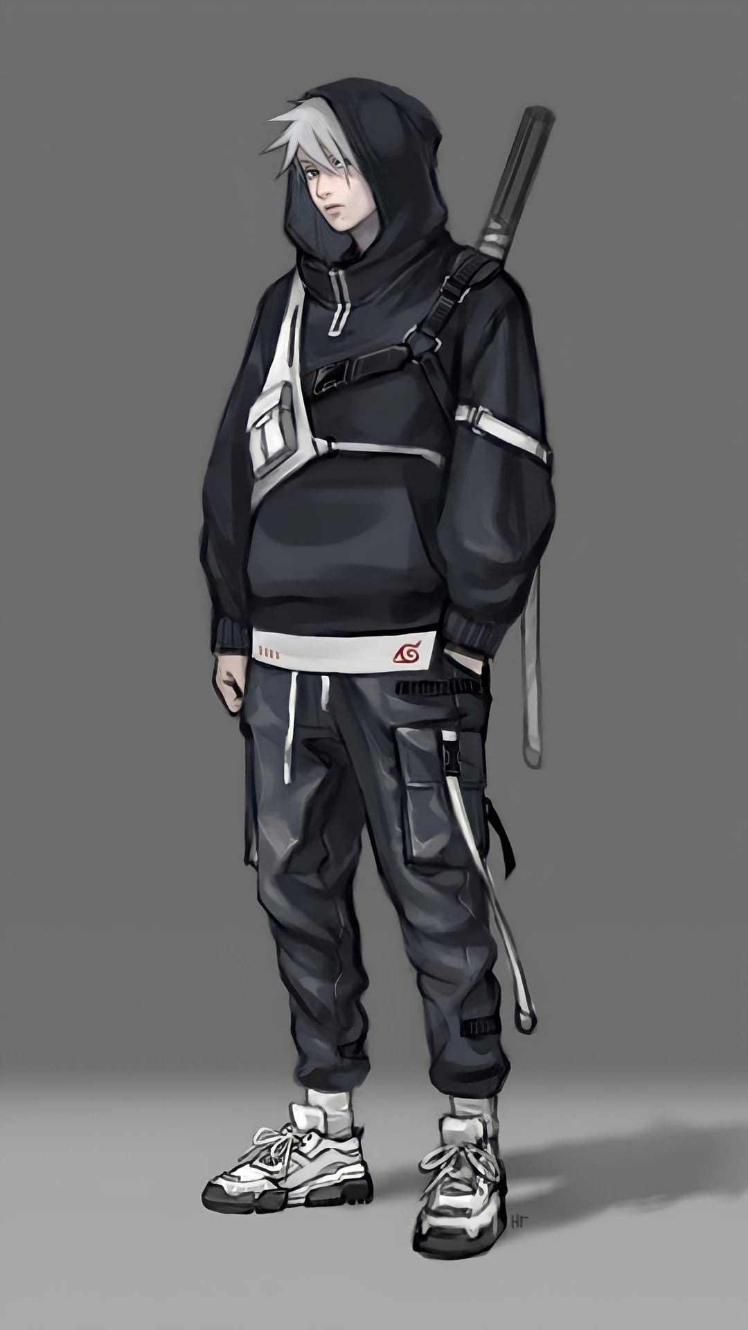 Anime male protagonist wearing a black hooded jacket and cargo pants with a sword strapped to his back.