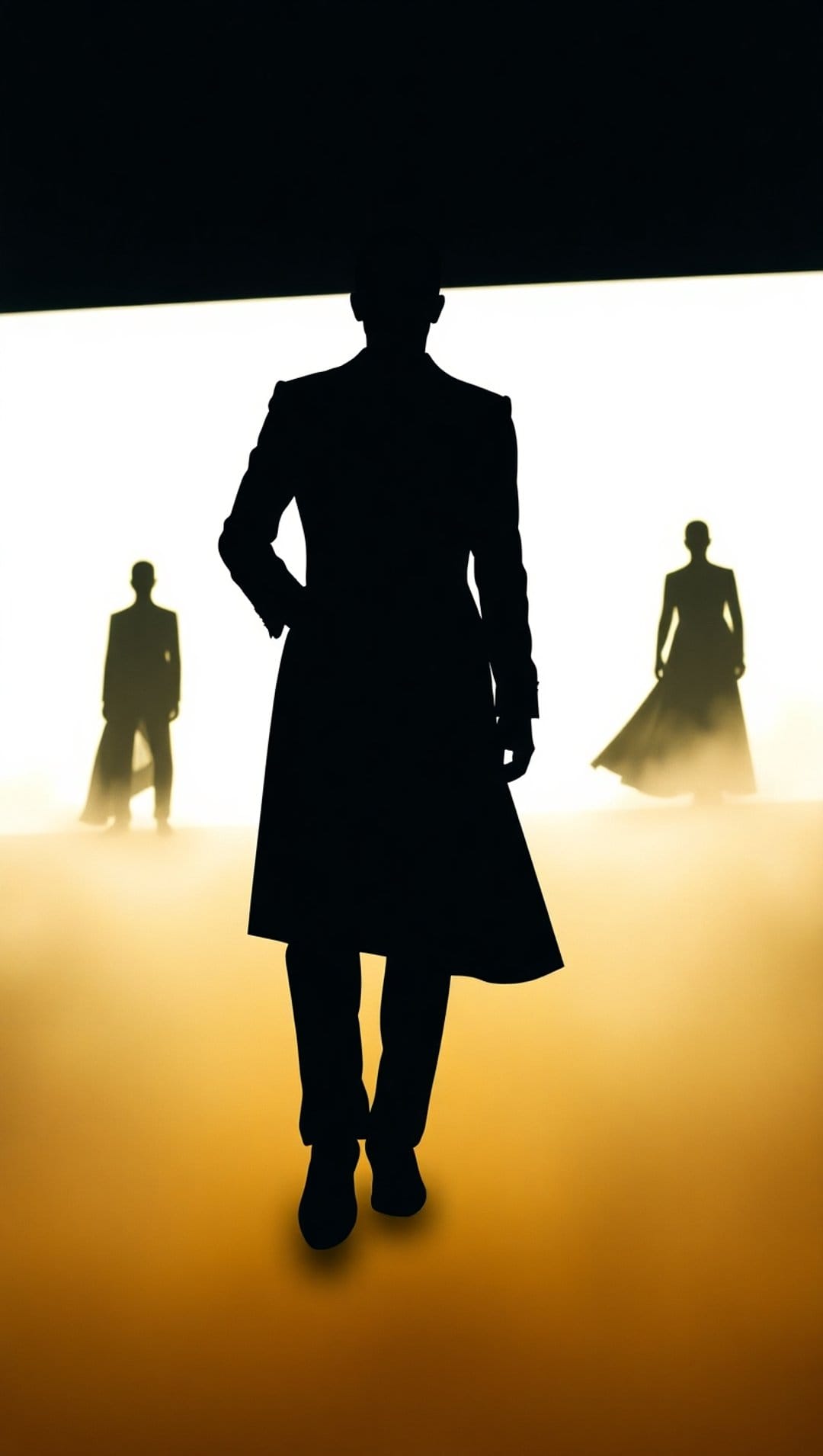 Three silhouetted figures wearing long coats stand on a bright, foggy stage with high contrast backlighting.