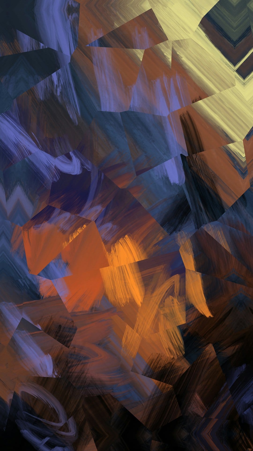 Layered impasto brushstrokes and angular shapes in orange, blue, and purple create a textured vertical composition.