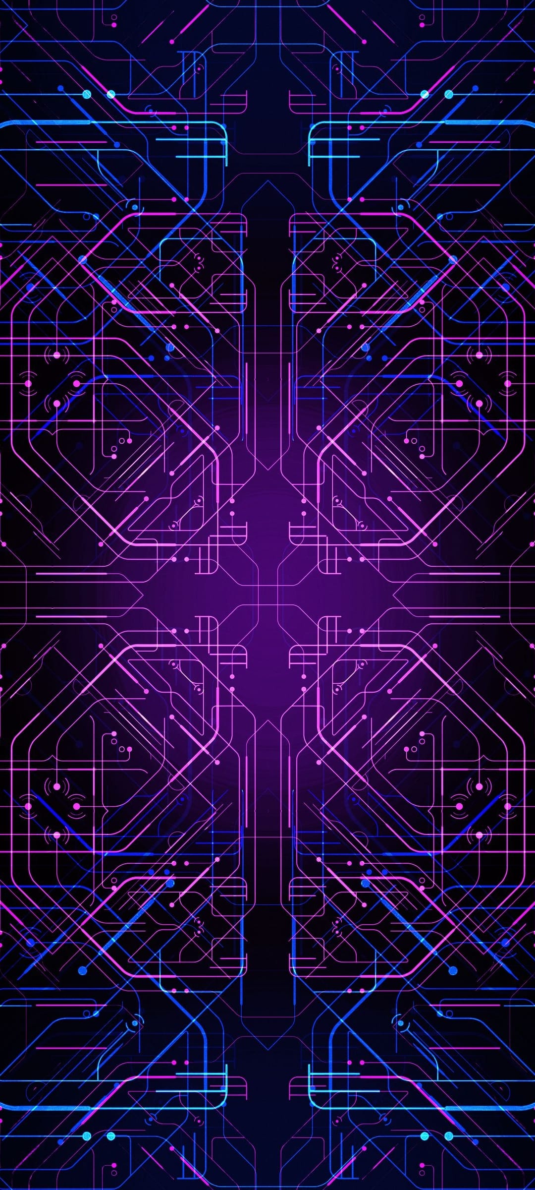 Glowing pink and blue circuit board lines intersect on a dark purple surface in a symmetrical vertical layout.