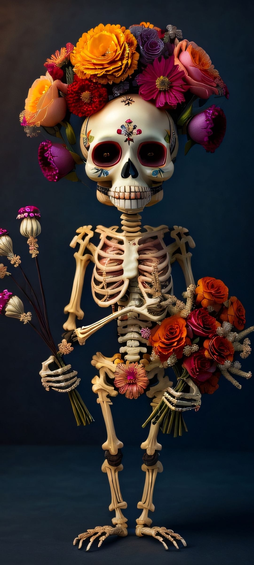 Skeleton wearing a lush floral crown of marigolds and holding colorful bouquets against a dark, festive backdrop.