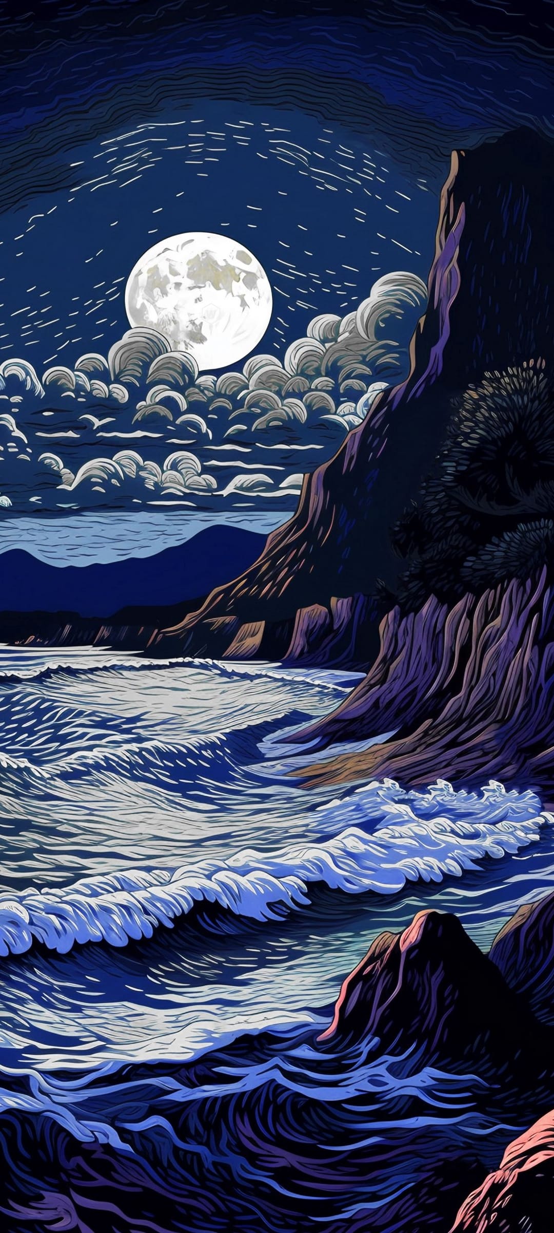A glowing full moon illuminates white crashing waves and jagged dark cliffs during a dramatic coastal night.