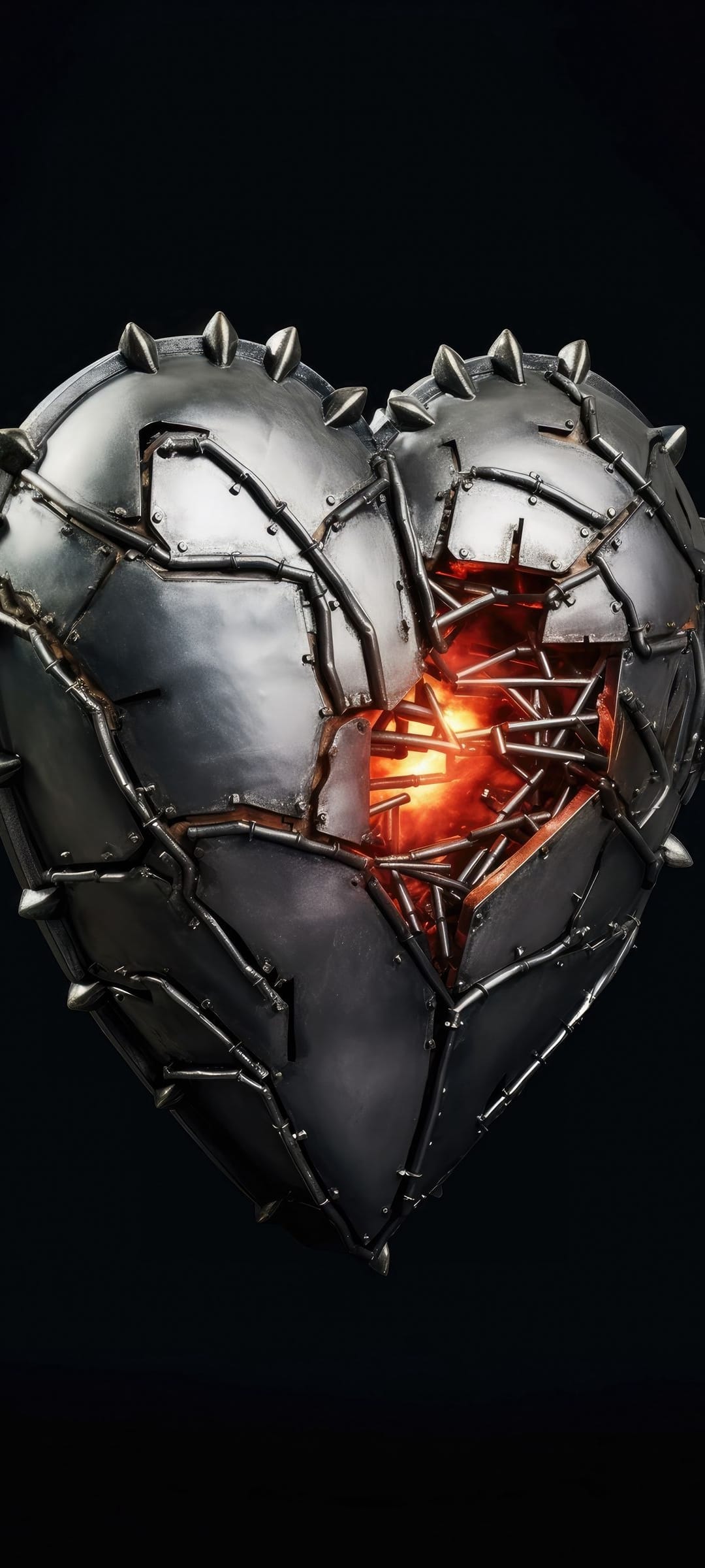 Spiked metallic heart with a cracked shell revealing a glowing molten interior against a dark background.