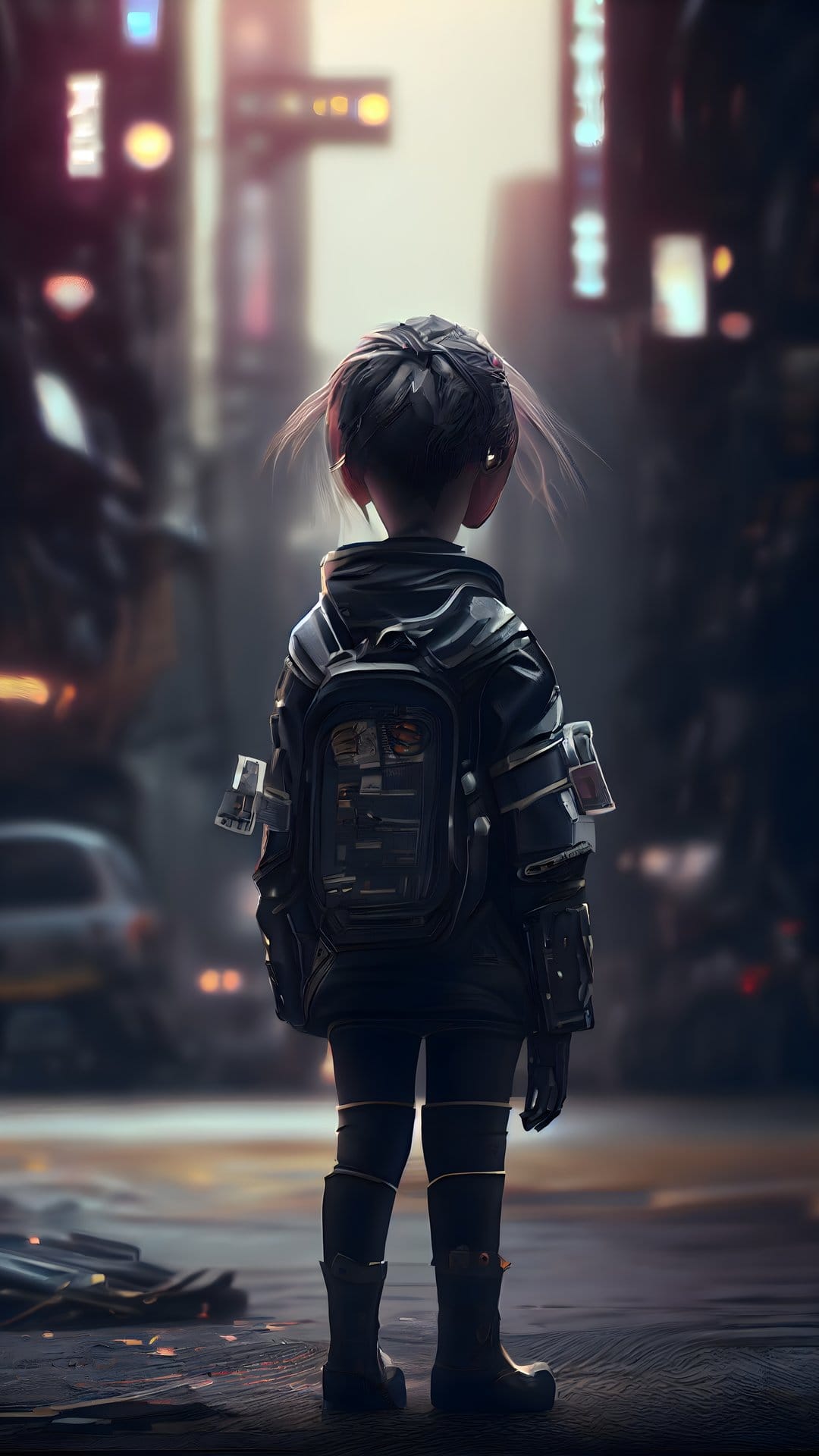 Child in dark techwear and detailed backpack stands in a neon-lit futuristic street amidst glowing city lights.