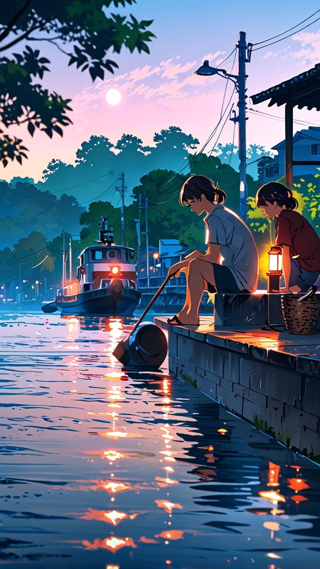 A boy and girl fish from a dock at sunset while golden light reflects on the river water and a passing boat.