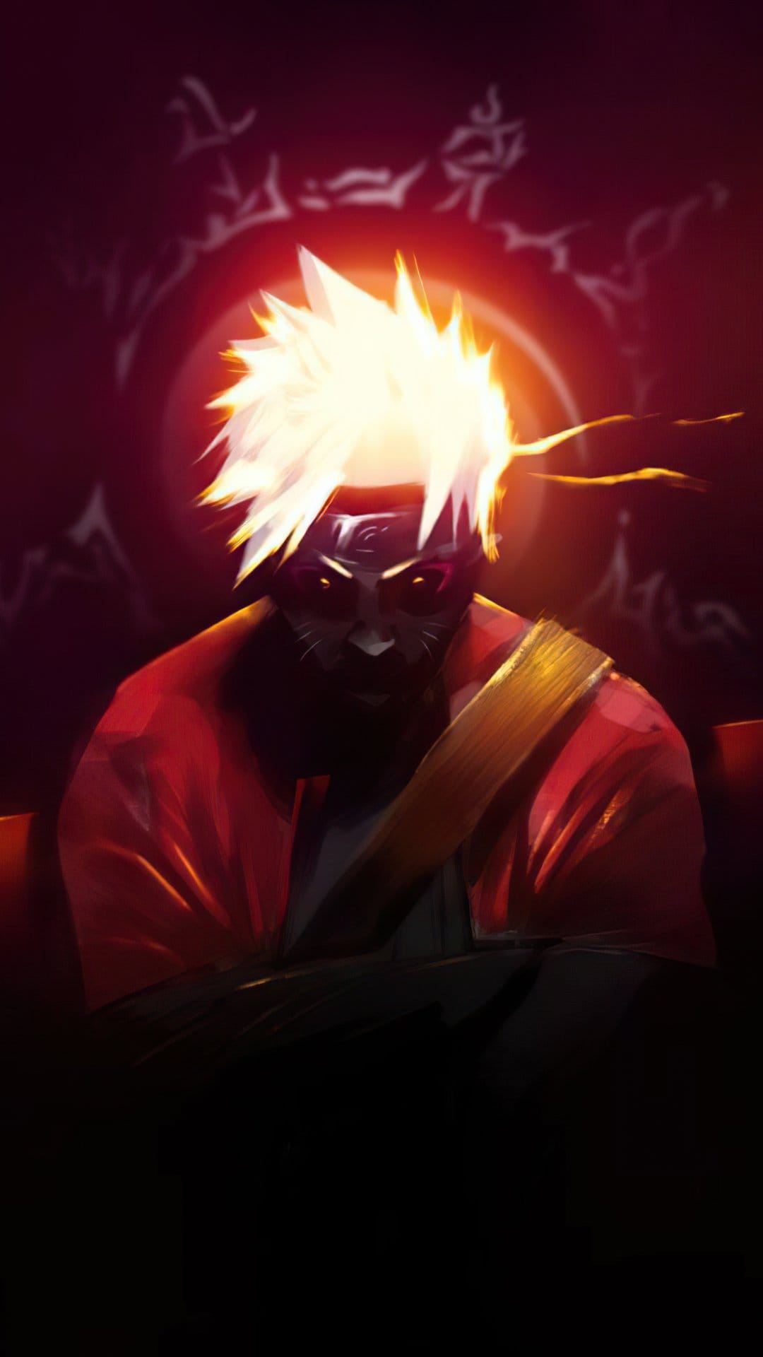 Naruto Uzumaki in Sage Mode with glowing orange eyes and radiant spiky hair against a dark circular background.