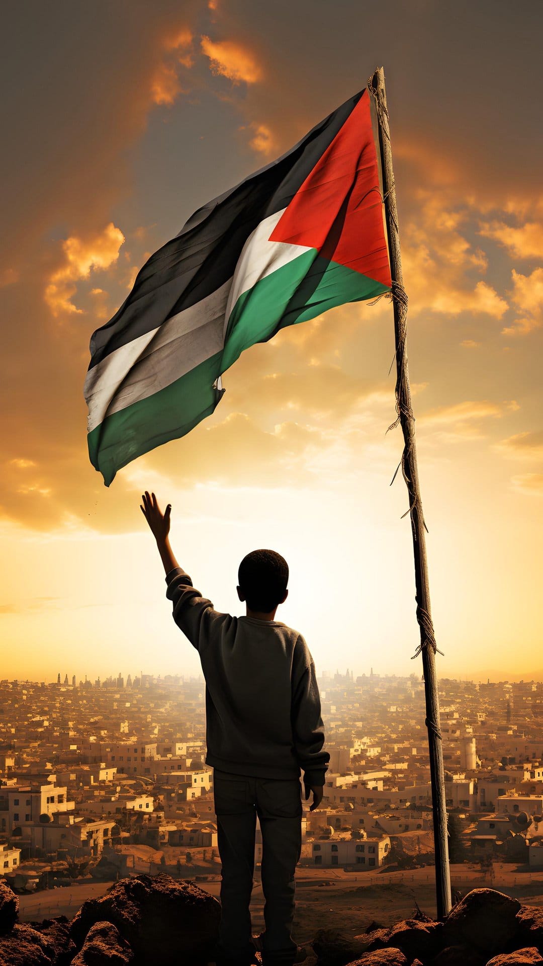Young child holds a Palestinian flag on a cliff above a sprawling city at sunset with a dramatic sky.