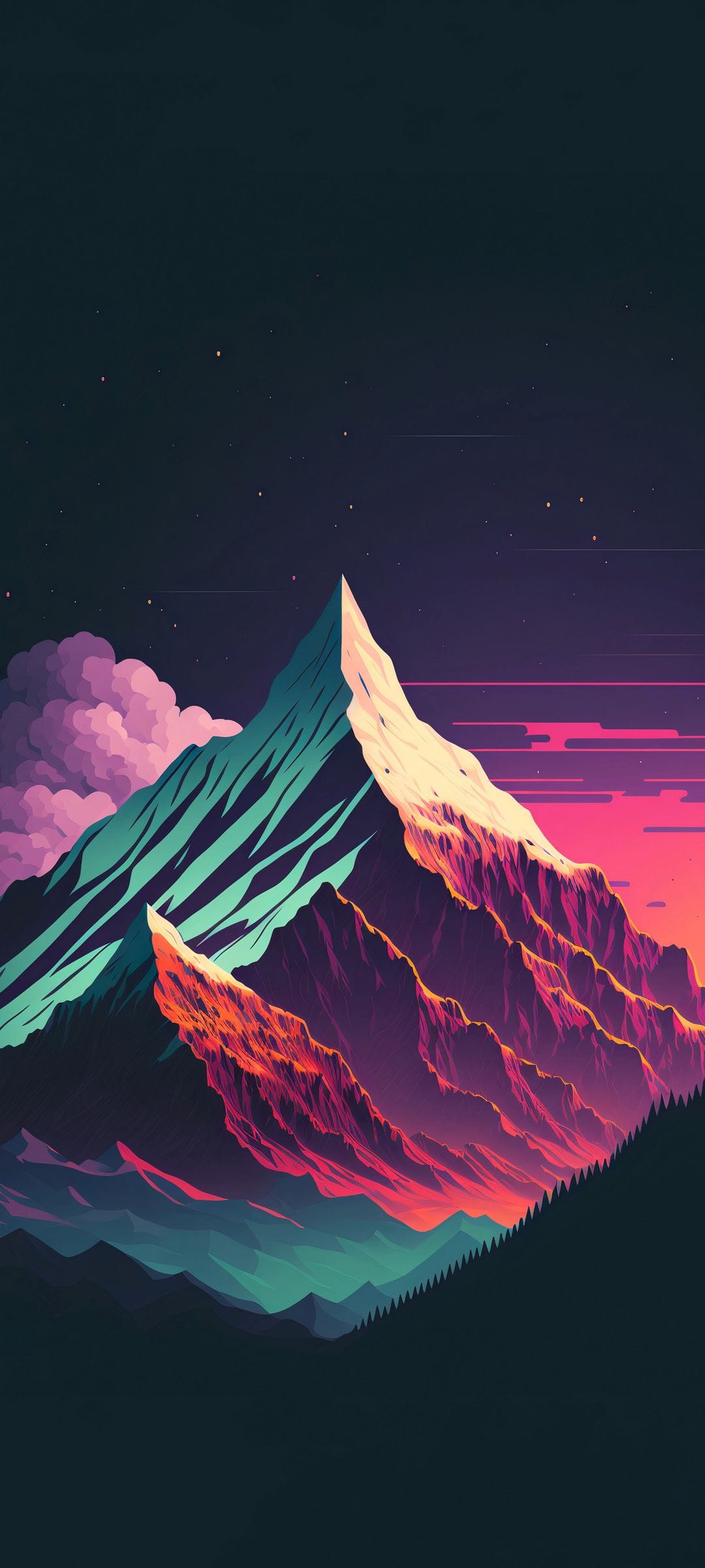 Jagged mountain peak silhouetted against a neon pink sunset and star-filled sky with drifting purple clouds.