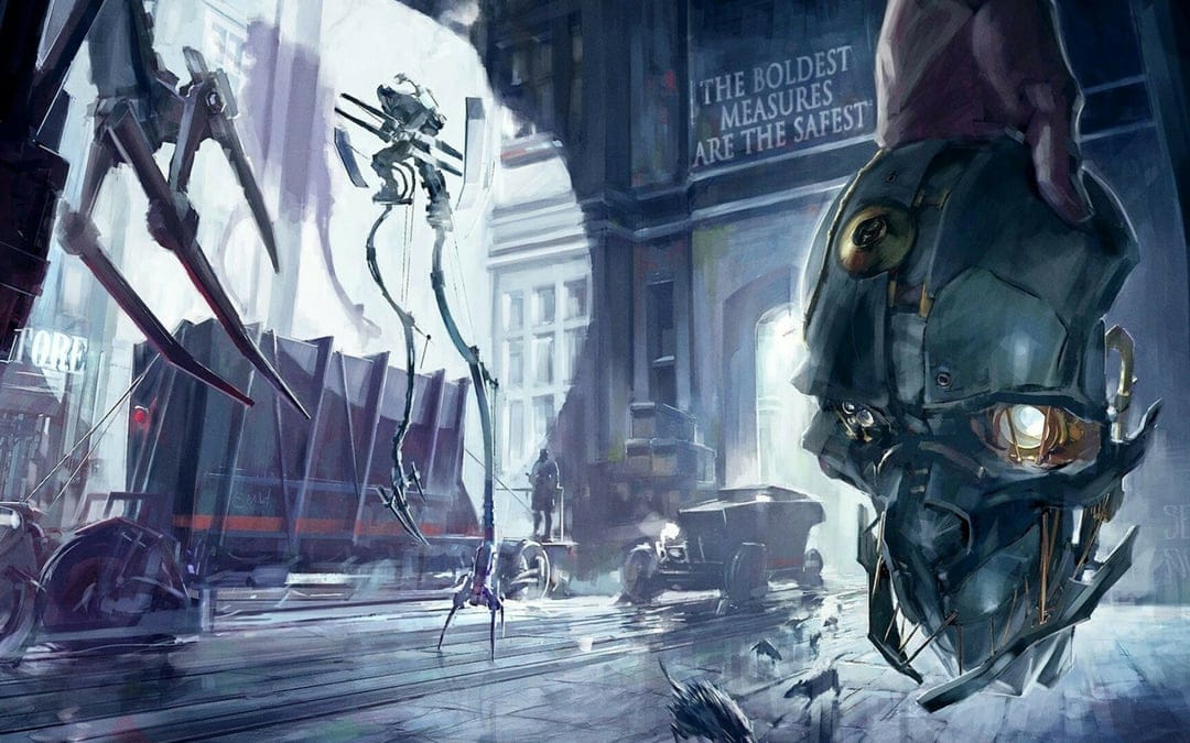 Mechanical Corvo mask held in the foreground of a dark industrial city with a tallboy walker and rats.