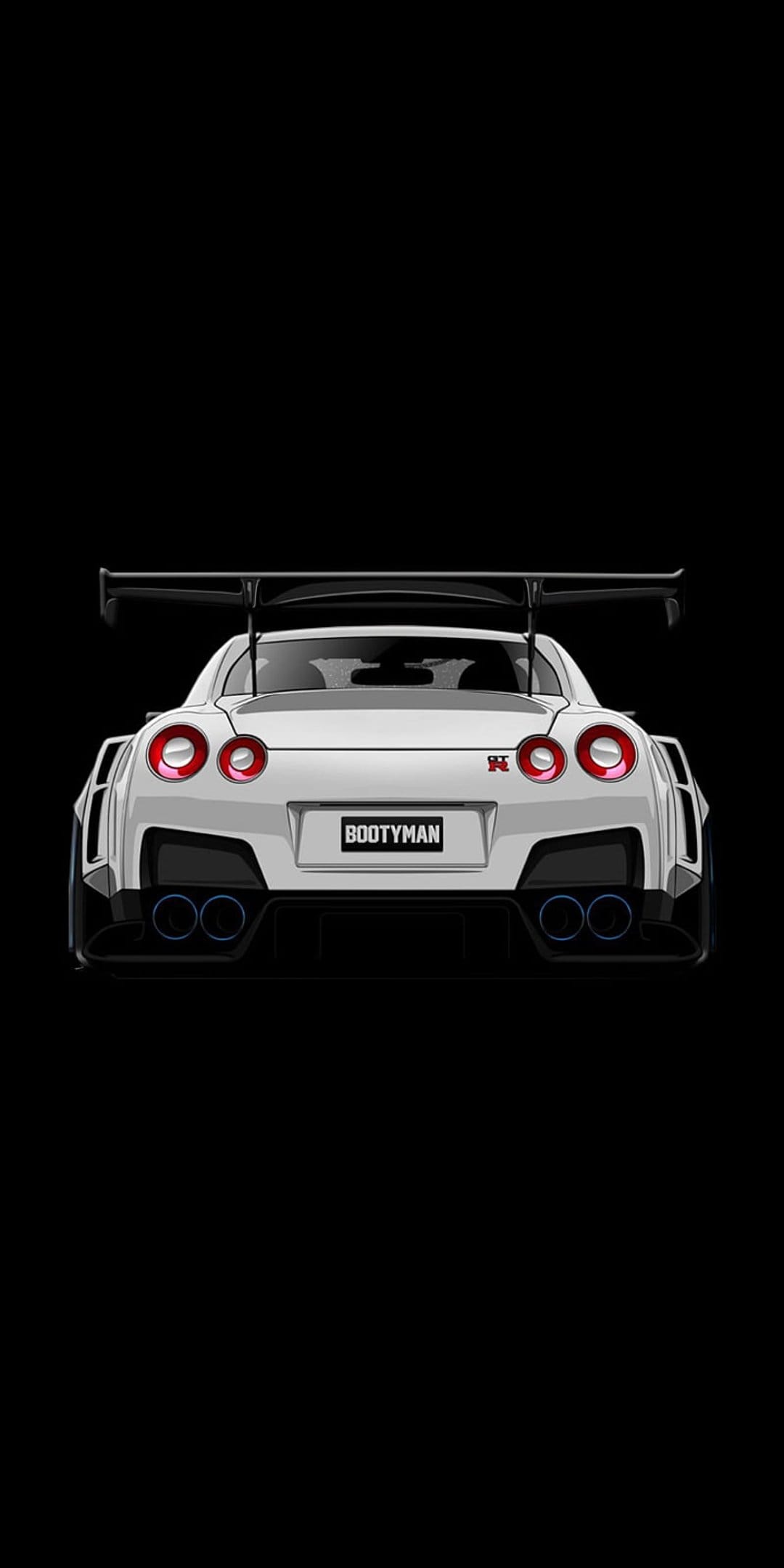 White Nissan GTR rear profile with circular taillights and a large spoiler against a solid black background.