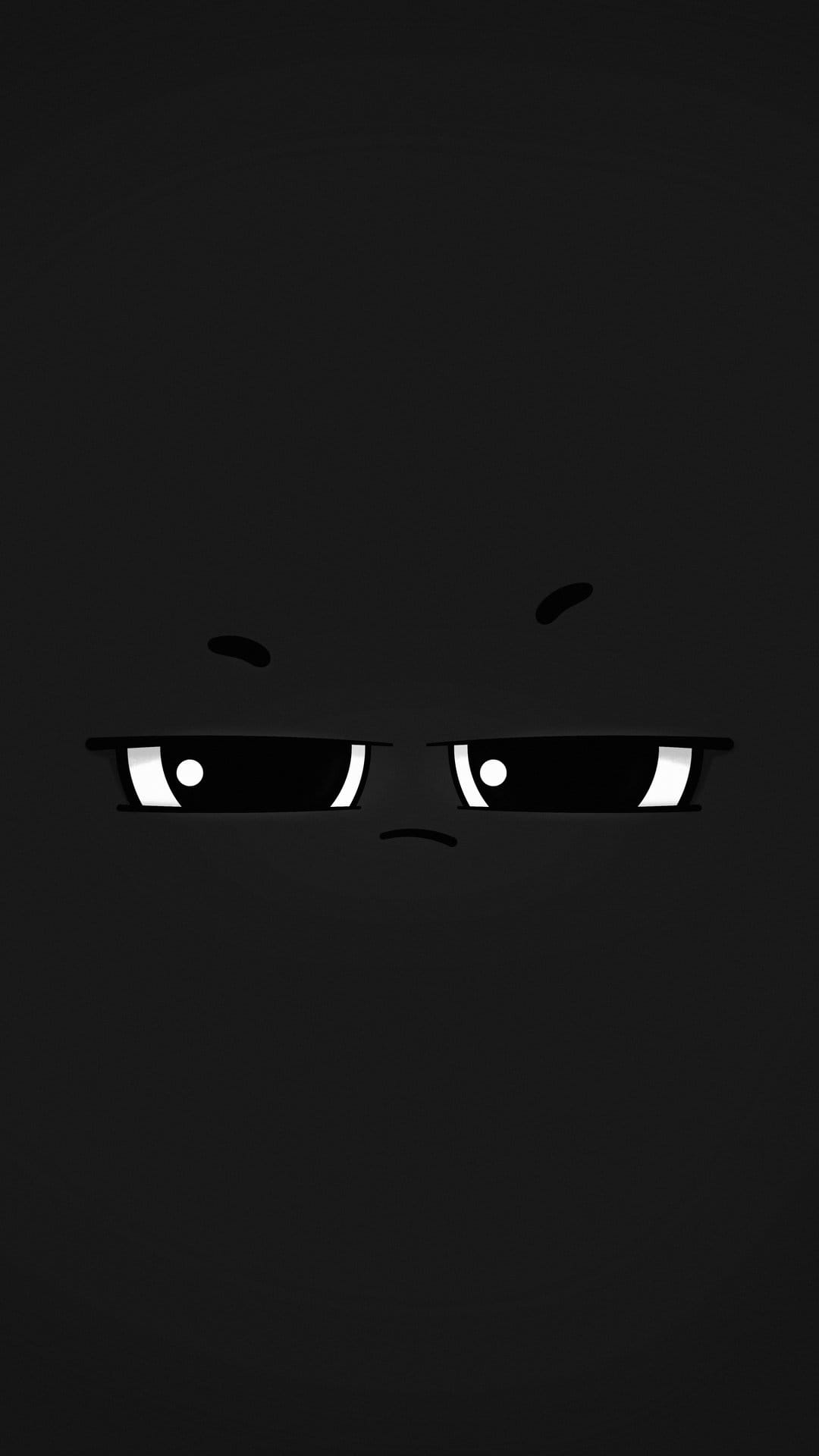 Grumpy cartoon eyes with white pupils and black irises gaze outward from a solid, deep black background.