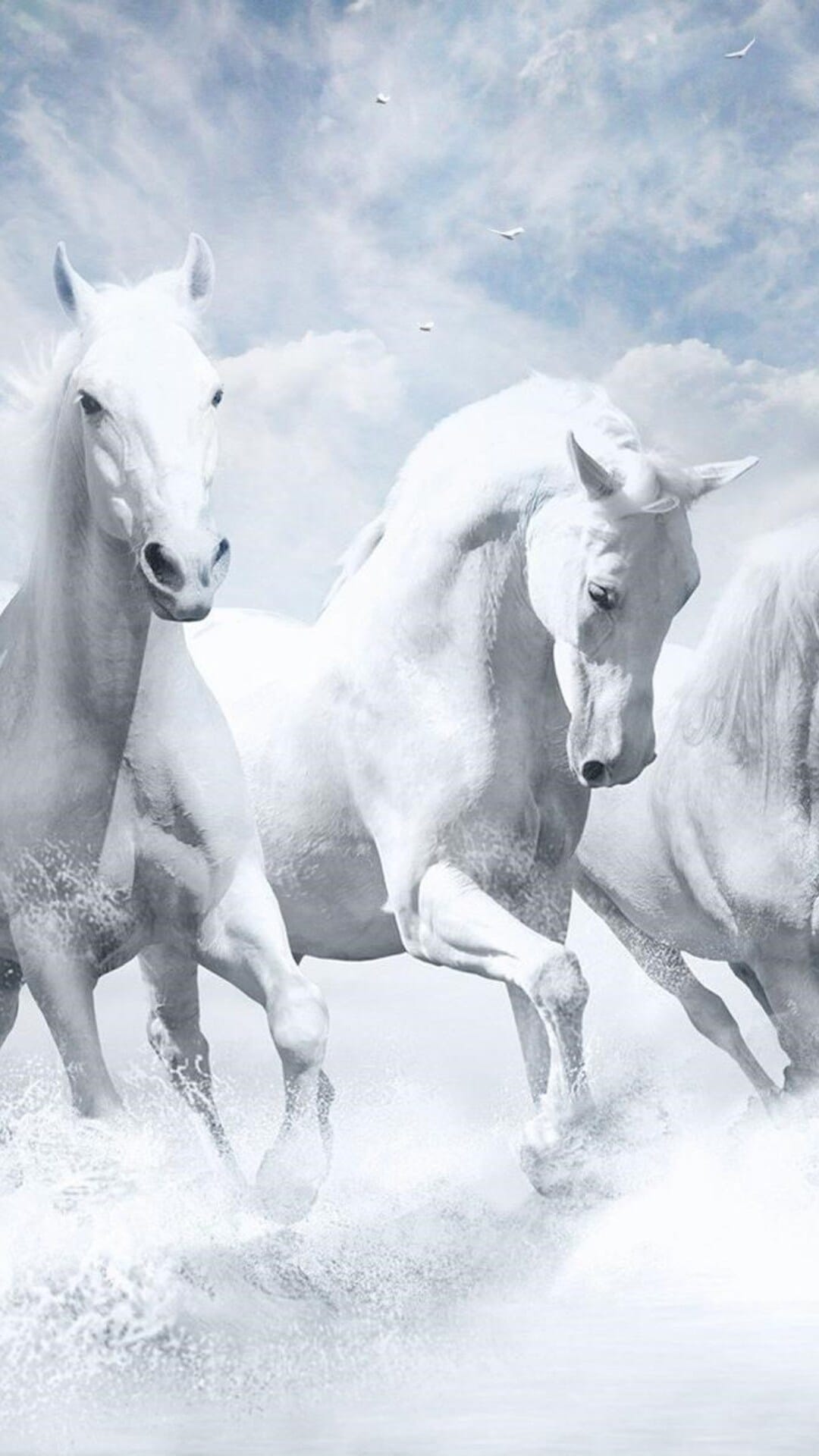 White horses gallop through splashing water and thick clouds beneath a pale blue sky with soaring birds.