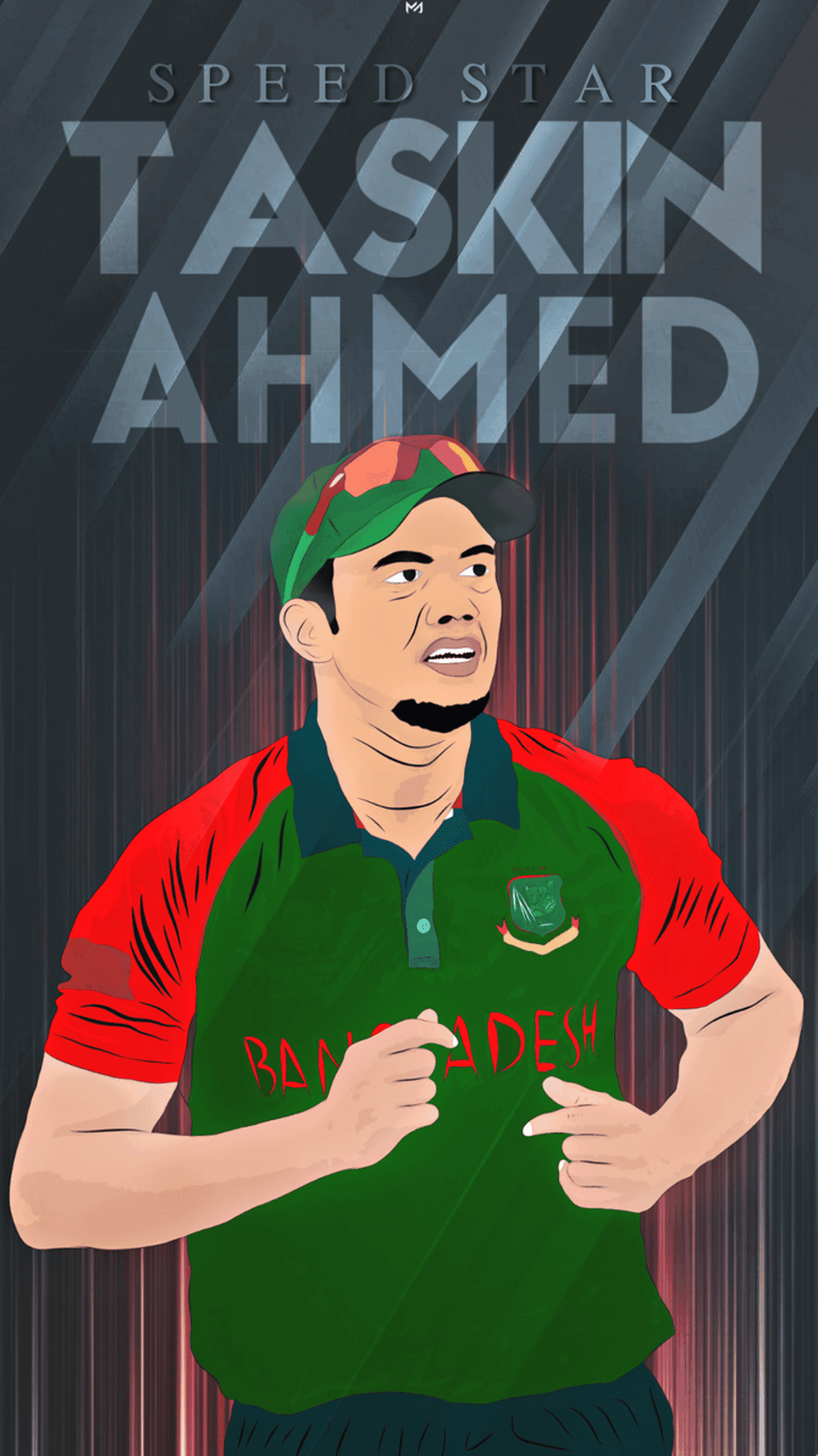 Taskin Ahmed in a green Bangladesh jersey runs with an intense expression against dark motion-blur lines.