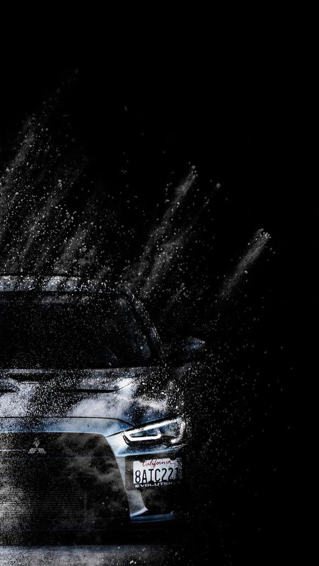 Rear car taillights glowing red amidst a cinematic white powder burst against a dark vertical background.