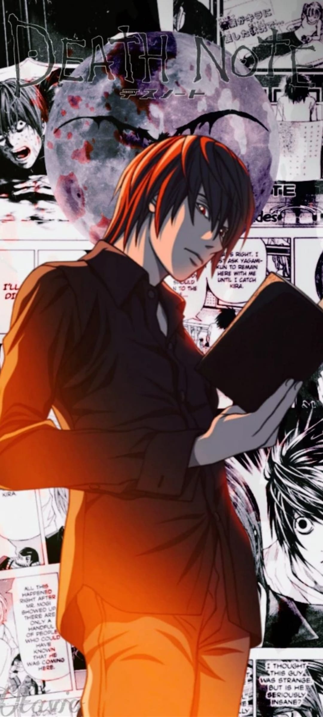 Light Yagami holding a black notebook before a red moon and collage of manga panels in a dark vertical scene.
