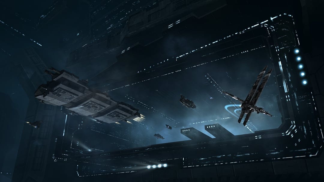 Massive spaceships maneuver through a dark industrial docking bay lit by cold blue lights and glowing engines.