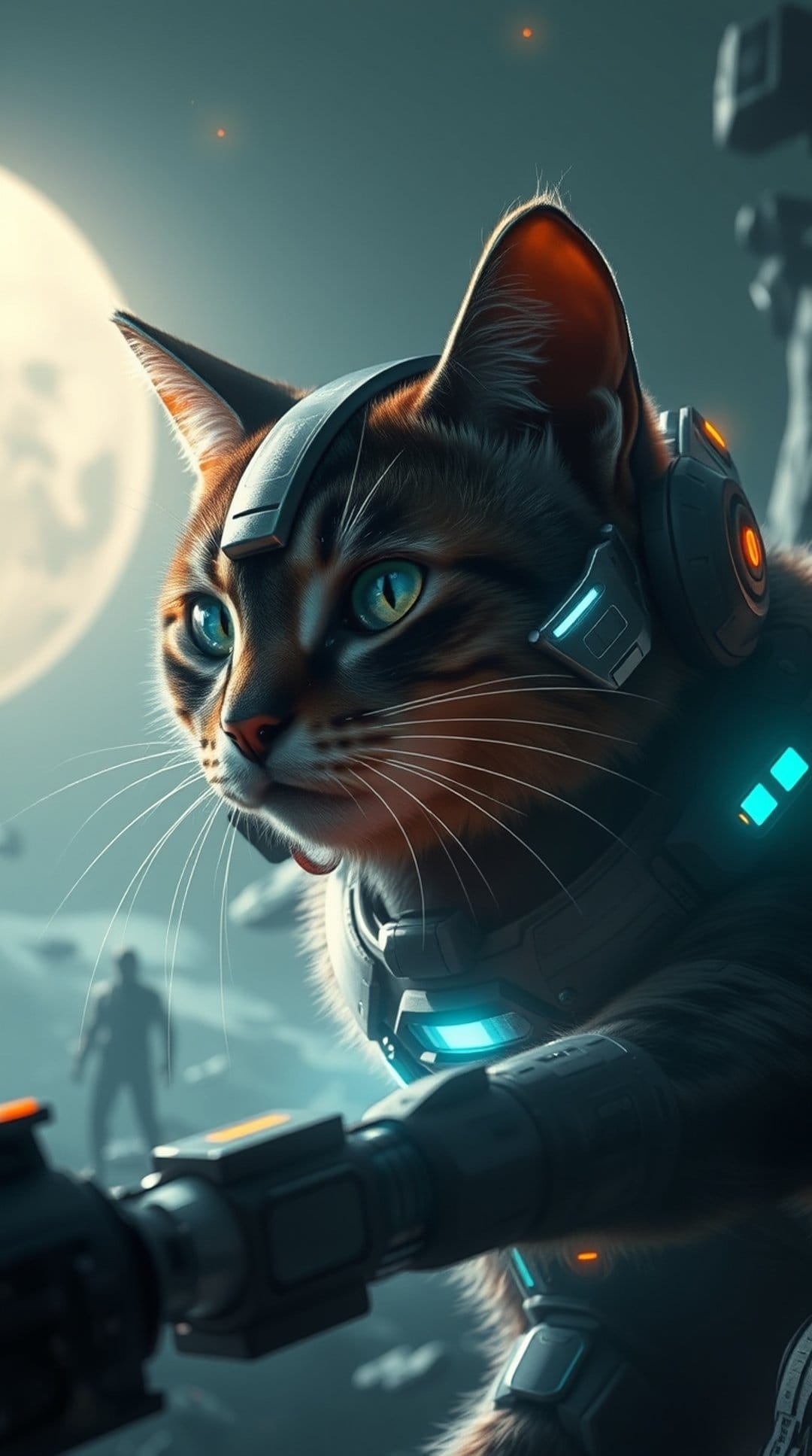 Tabby cat in glowing blue armor holds a futuristic weapon against a dark starry sky and a giant luminous moon.