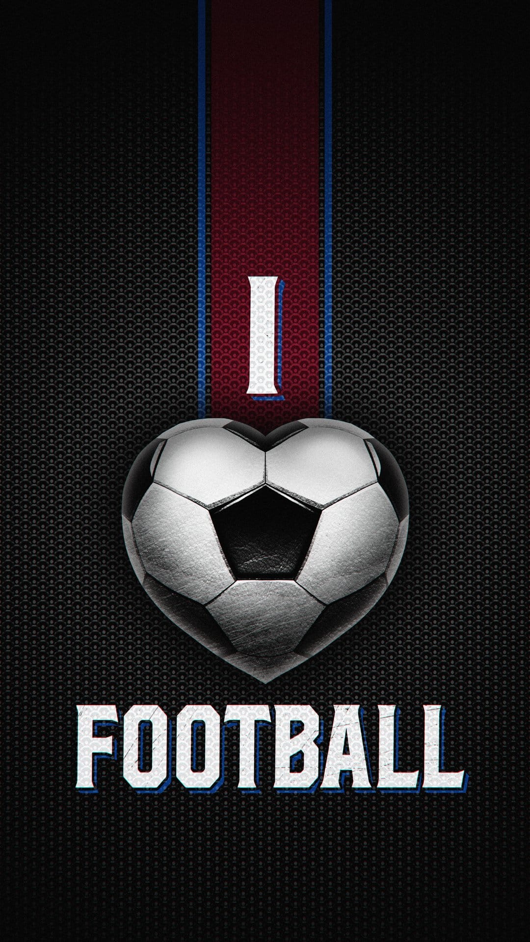 Heart-shaped soccer ball with bold I Love Football text centered on a dark textured sports-themed background.