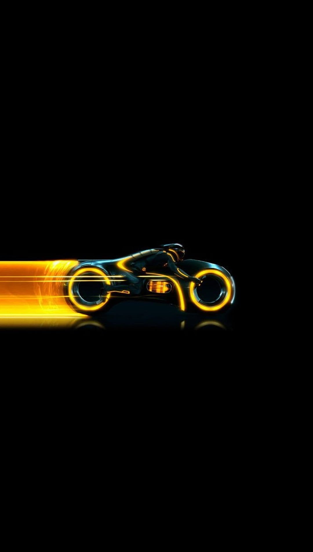 Orange neon light cycle with glowing wheels speeding through a dark void leaving vibrant streaks of light.