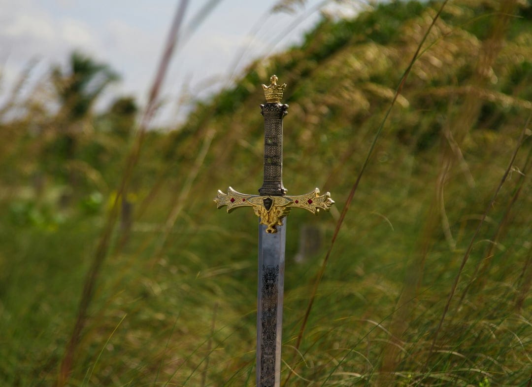 Ornate gold sword hilt with a crown pommel plunged into a field of tall grass against a blurred hillside.