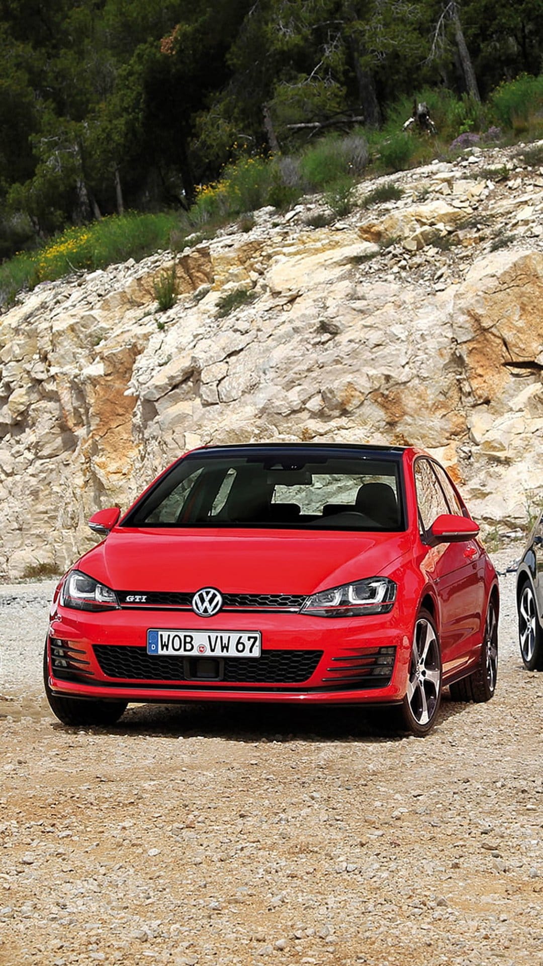 Red Volkswagen Golf GTI parked on a rocky gravel slope with yellow wildflowers and green trees in the background.