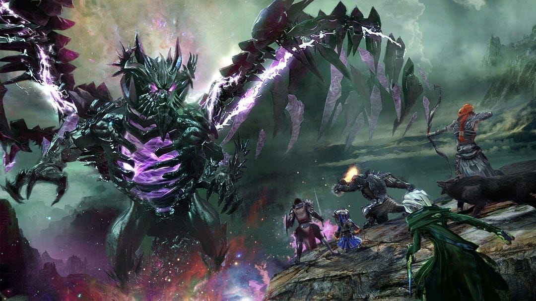 A party of fantasy heroes stands on a rocky ledge facing a massive shadowy dragon with glowing purple energy wings.