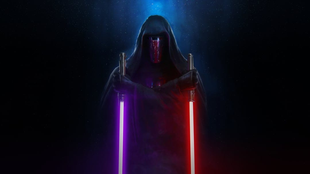 Hooded figure wearing a red mask holds glowing purple and red lightsabers against a dark starry background.