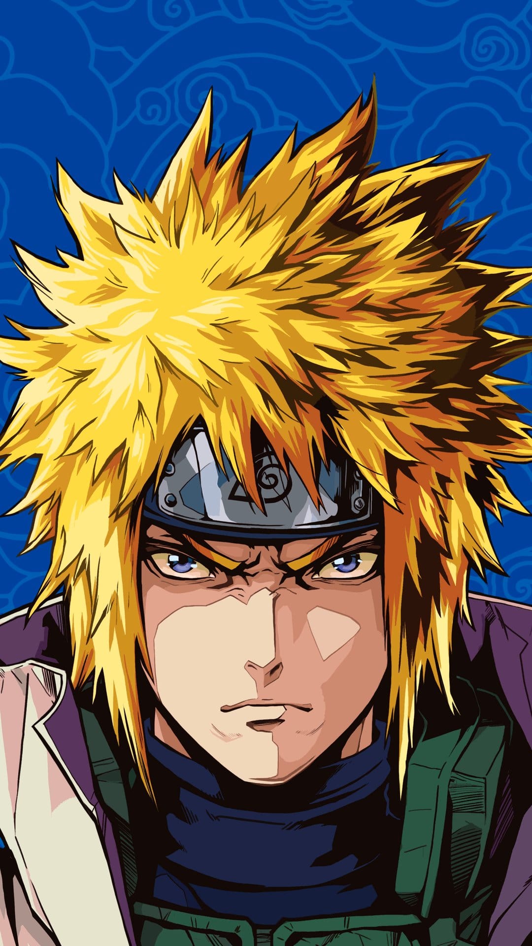 Minato Namikaze with spiky blonde hair, blue eyes, and a leaf village headband in a close-up portrait view.