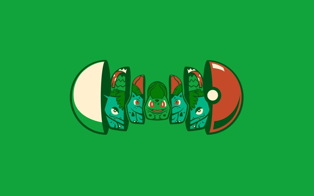 Bulbasaur nesting dolls emerging from an open Pokéball against a solid green background in flat vector style.