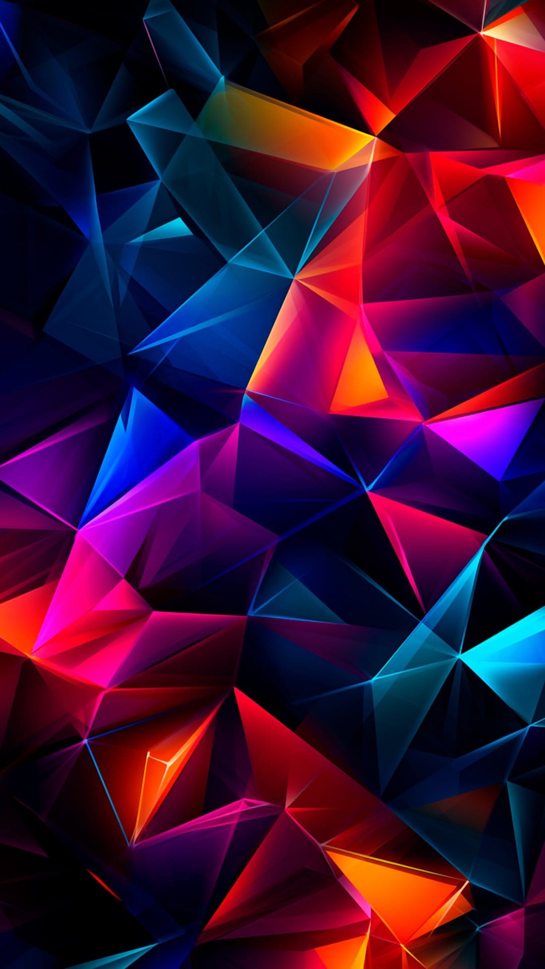 Geometric crystal facets in blue, pink, and orange glow with sharp edges and dark shadows in a faceted pattern.