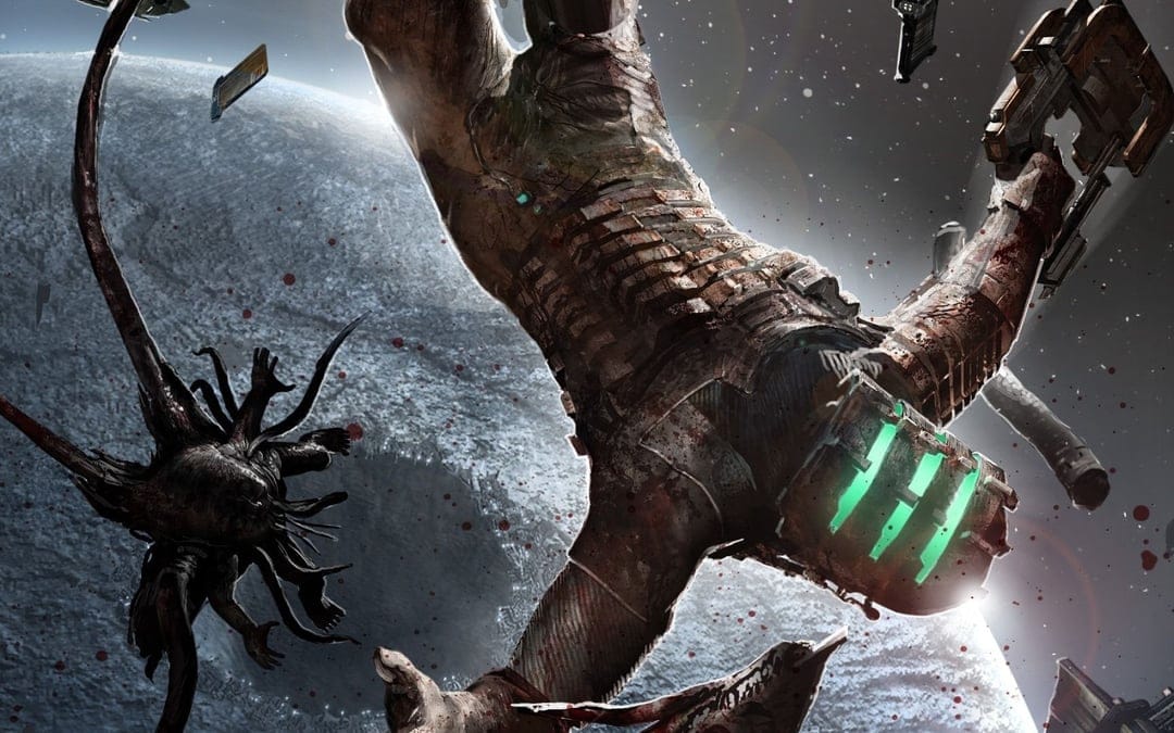 Isaac Clarke in blood-stained armor floats in space next to a Necromorph creature over a frozen planet.