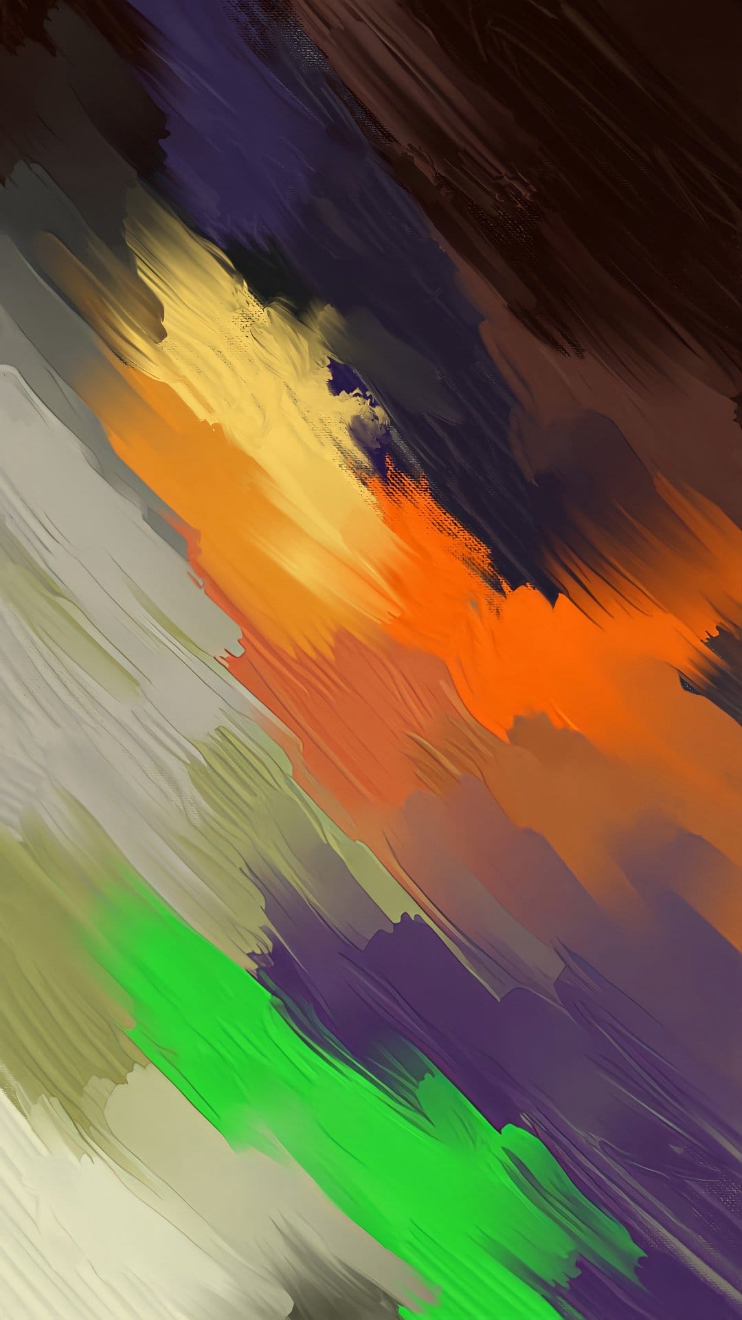 Thick diagonal paint strokes in purple, orange, and green overlap with heavy texture and expressive movement.