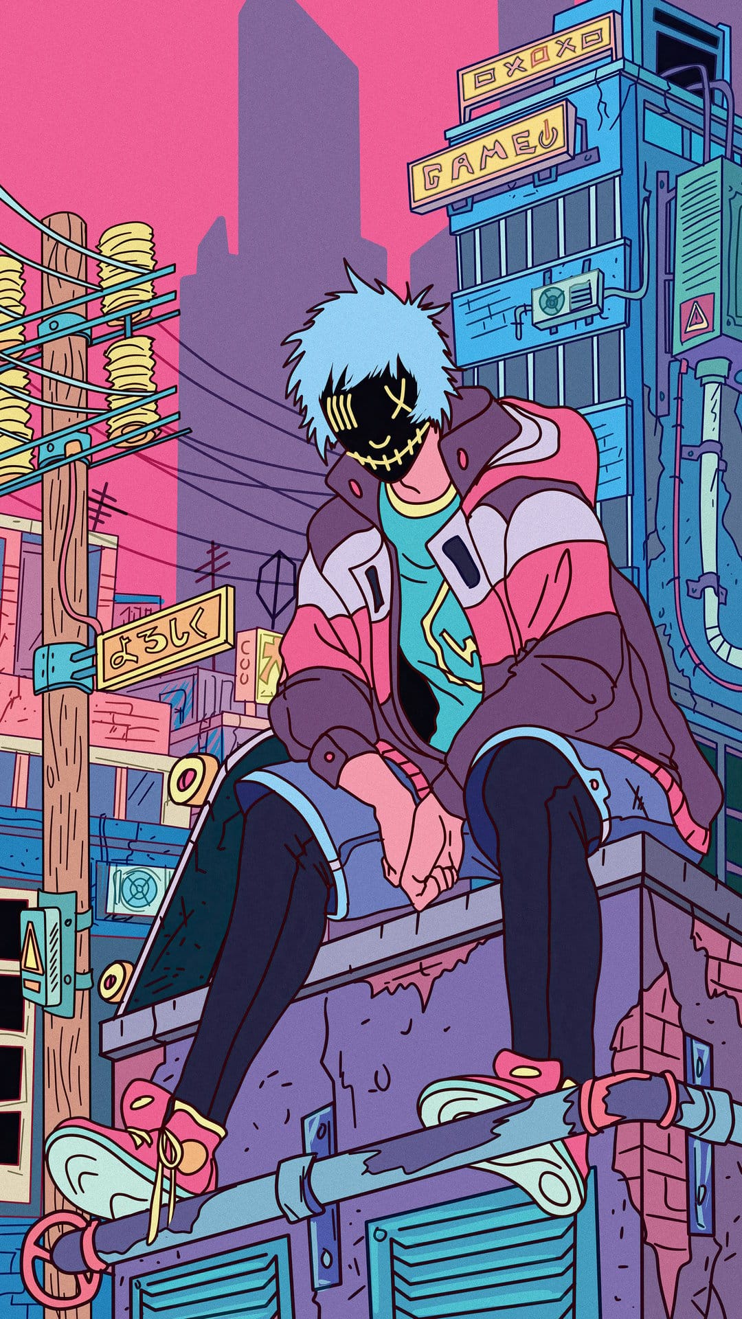 Masked street skater wearing a black hood and techwear mask standing against a glowing neon city background.