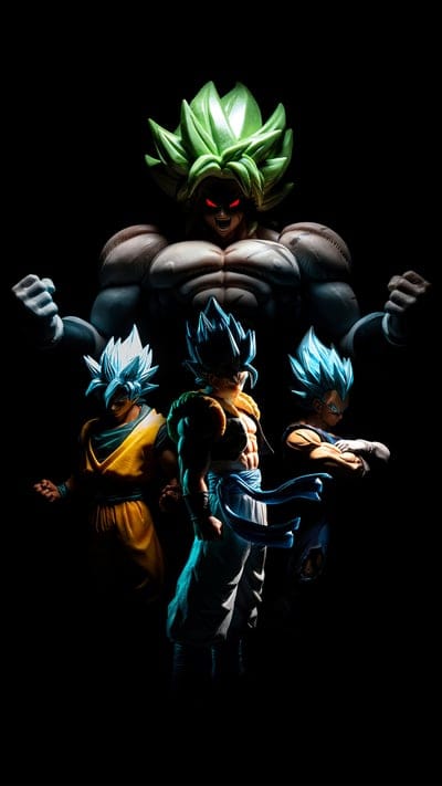 Dragon Ball, Dragon Ball Z, Dragon Ball Super, Broly, Legendary Super Saiyan, Gogeta, Super Saiyan Blue, Goku, Vegeta, Fusion, Villains, Heroes, Anime, Manga, Action Figures, Figurine Photography, Dark Background, Epic Battle, Power, Green Hair, Blue Hair, Red Eyes, Collectibles, Display, Fan Art, Wallpaper