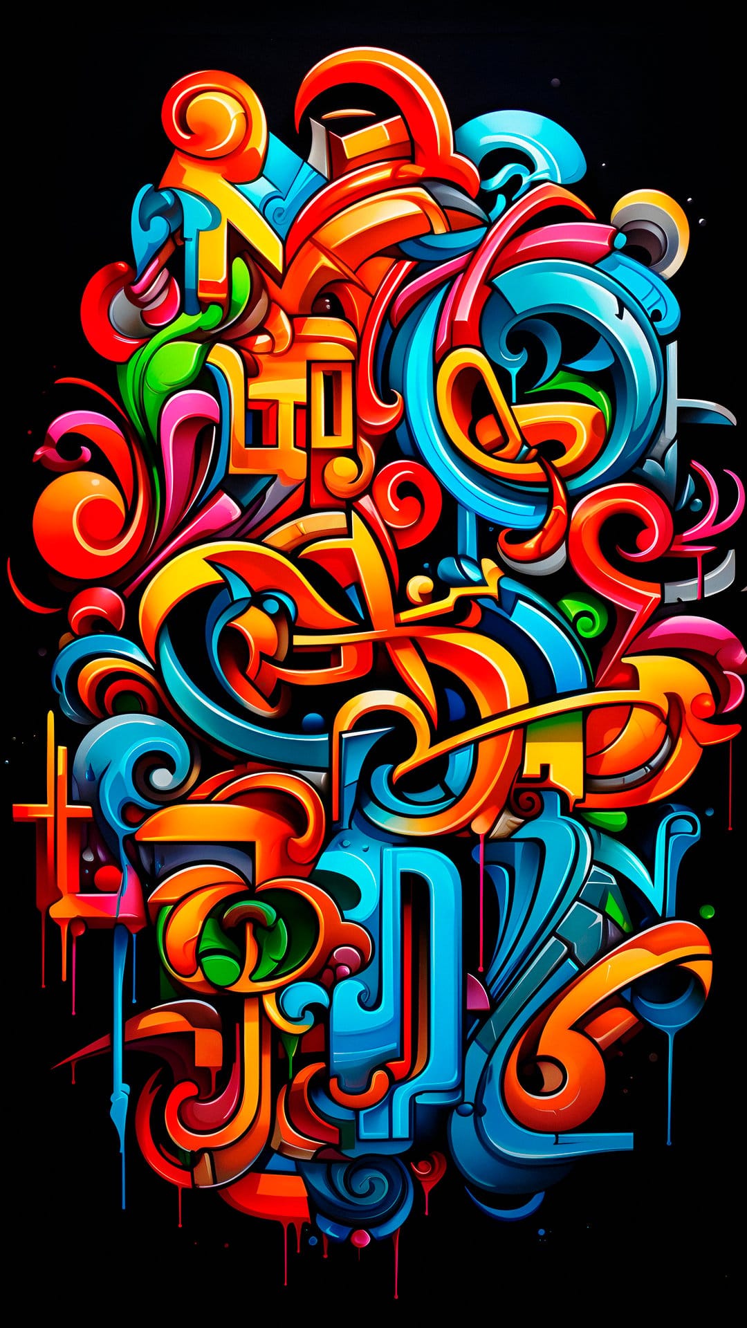 Multicolored abstract graffiti swirls and sharp neon lines flow across a solid black background in portrait.