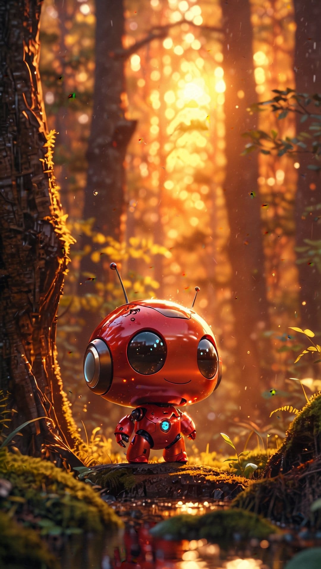 Red robot with reflective eyes stands on a mossy log in a sunlit forest with golden bokeh and fireflies.