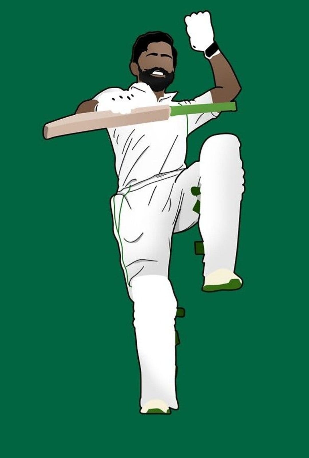 Bearded cricketer in white and green uniform raises a fist and bat in victory against a dark green background.