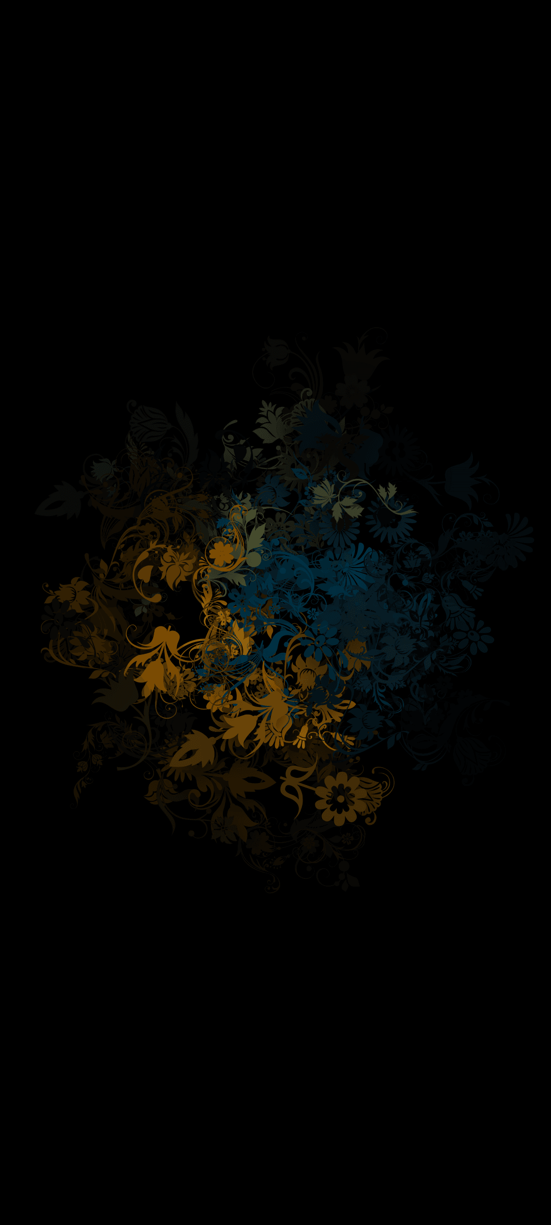 Ochre and teal botanical patterns with a stippled texture are scattered across a solid black background.