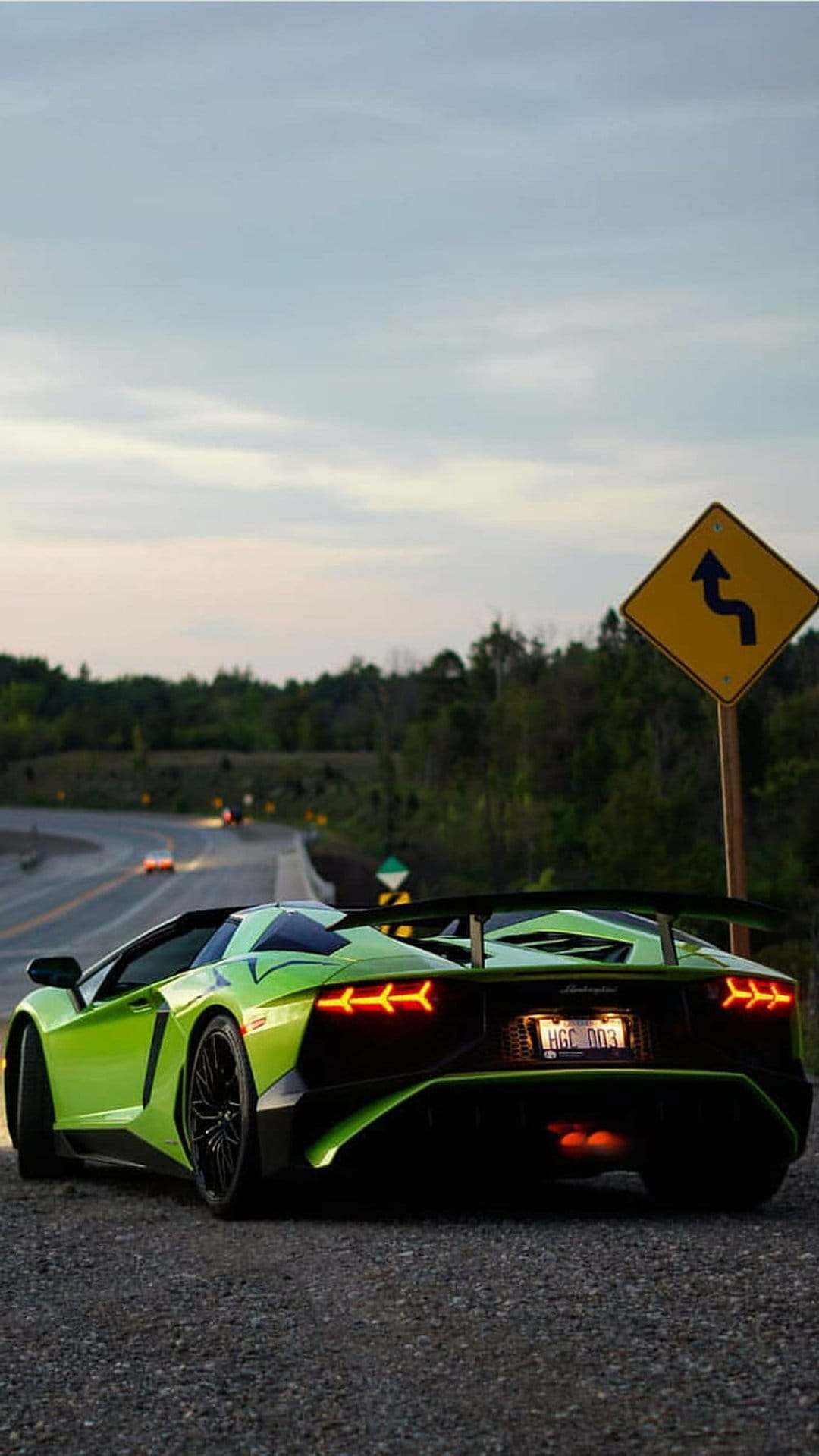 Green Lamborghini Aventador Roadster rear view on a winding road with glowing taillights during twilight.